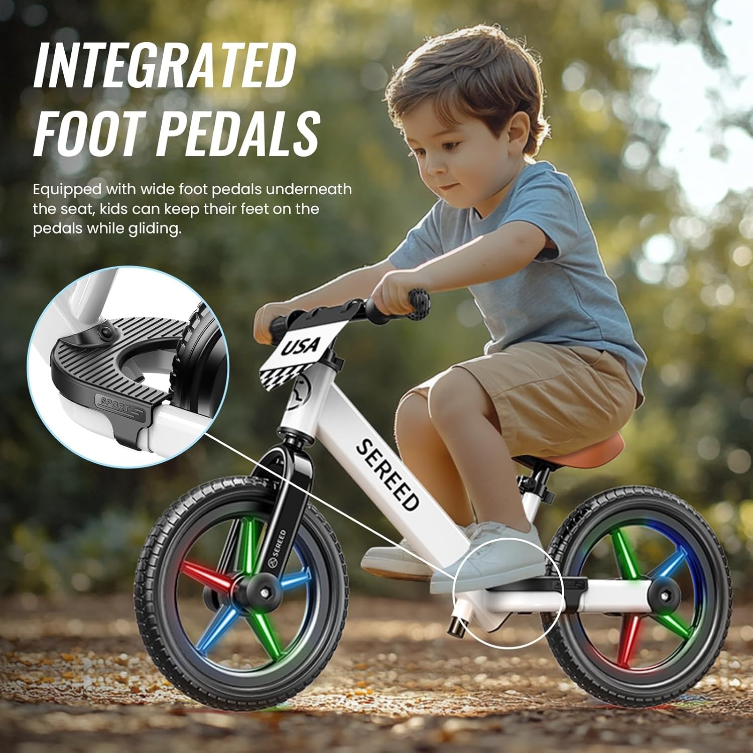 SEREED Toddler Balance Bike 2 Year Old, No Pedal Kids Bicycle Toys for 2-5 Years Old, Tool-Free Adjustment, Customize Plate with Stickers, Gift for 2-3 Boys Girls (White)(White Lighting)