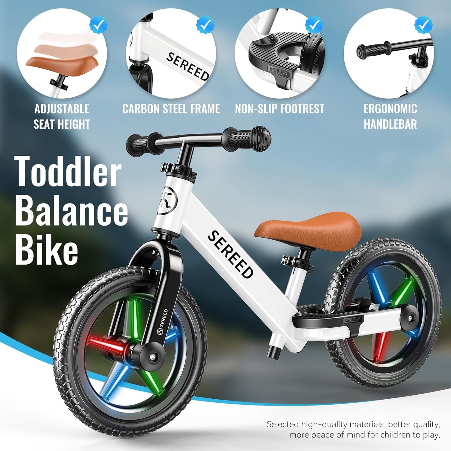 SEREED Toddler Balance Bike 2 Year Old, No Pedal Kids Bicycle Toys for 2-5 Years Old, Tool-Free Adjustment, Customize Plate with Stickers, Gift for 2-3 Boys Girls (White)(White Lighting) - view 7
