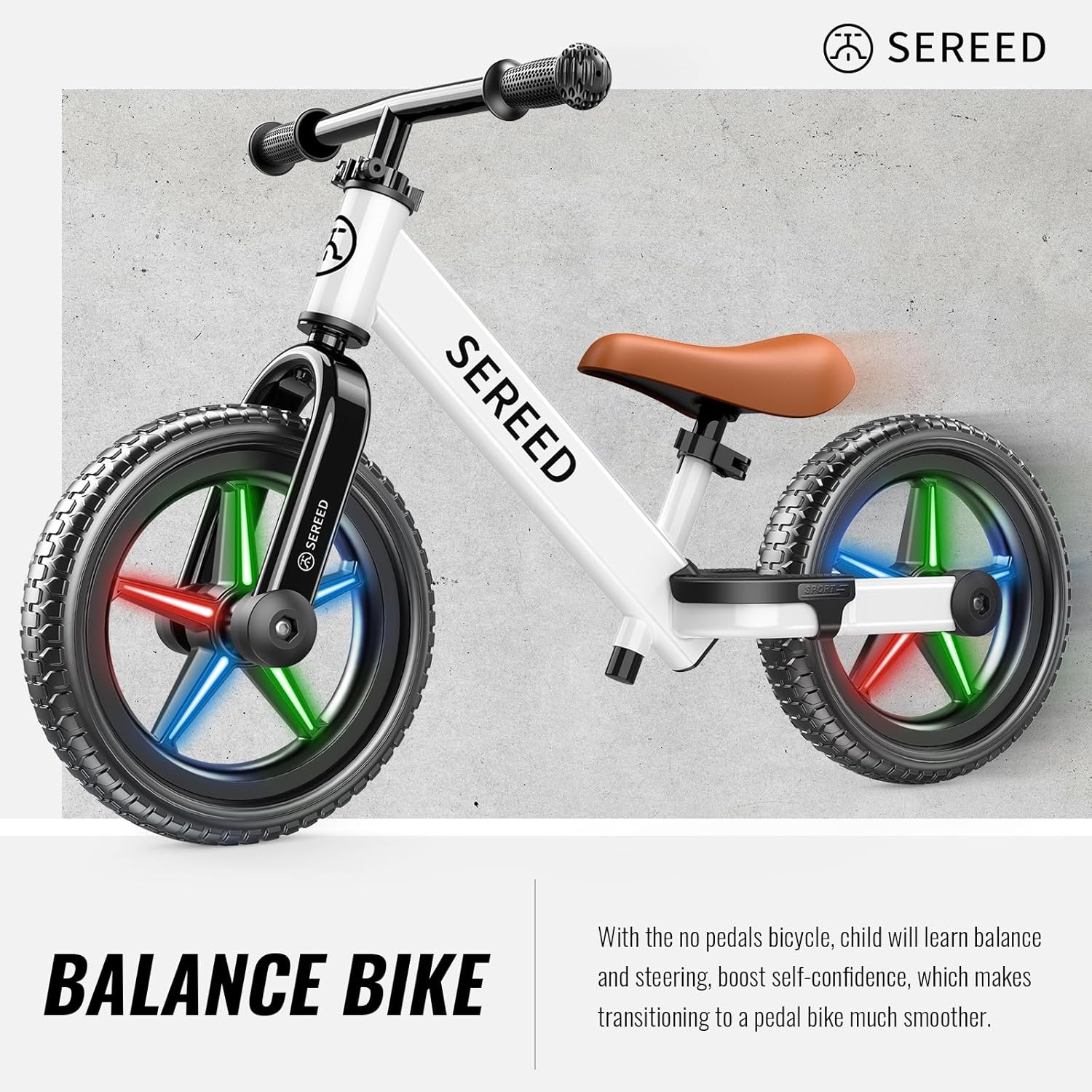 SEREED Toddler Balance Bike 2 Year Old, No Pedal Kids Bicycle Toys for 2-5 Years Old, Tool-Free Adjustment, Customize Plate with Stickers, Gift for 2-3 Boys Girls (White)(White Lighting) - view 8