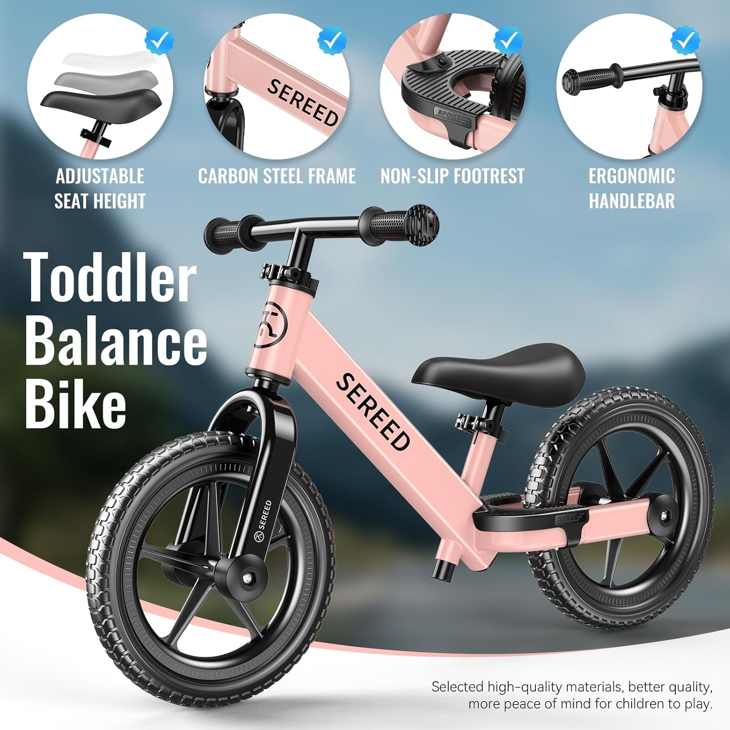 SEREED Toddler Balance Bike 2 Year Old, No Pedal Kids Bicycle Toys for 2-5 Years Old, Tool-Free Adjustment, Customize Plate with Stickers, Gift for 2-3 Boys Girls (White)(Pink) - view 7