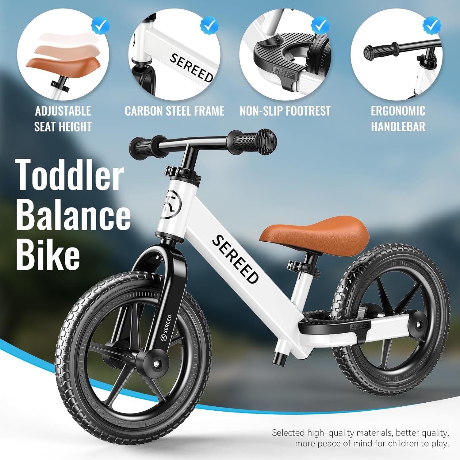SEREED Toddler Balance Bike 2 Year Old, No Pedal Kids Bicycle Toys for 2-5 Years Old, Tool-Free Adjustment, Customize Plate with Stickers, Gift for 2-3 Boys Girls (White)(White) - view 7