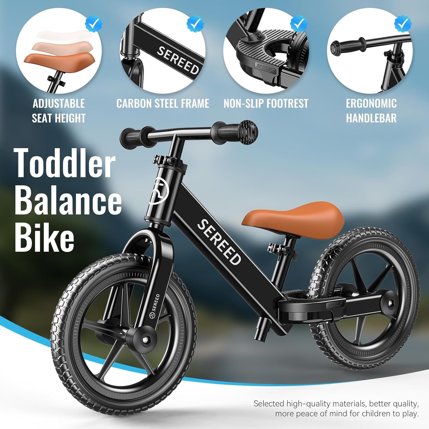 SEREED Toddler Balance Bike 2 Year Old, No Pedal Kids Bicycle Toys for 2-5 Years Old, Tool-Free Adjustment, Customize Plate with Stickers, Gift for 2-3 Boys Girls (White)(Black) - view 4