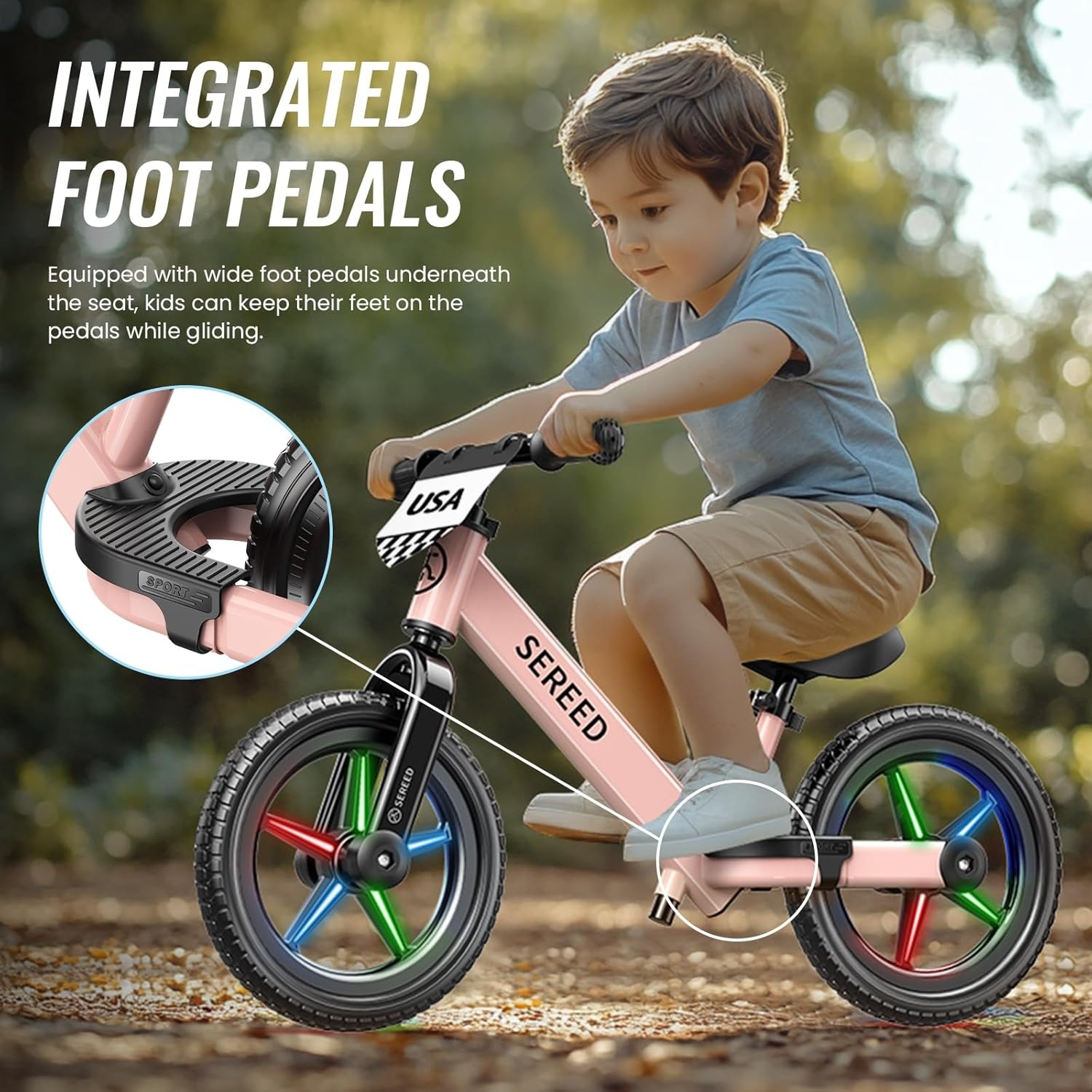 SEREED Toddler Balance Bike 2 Year Old, No Pedal Kids Bicycle Toys for 2-5 Years Old, Tool-Free Adjustment, Customize Plate with Stickers, Gift for 2-3 Boys Girls (White)(Pink Lighting)