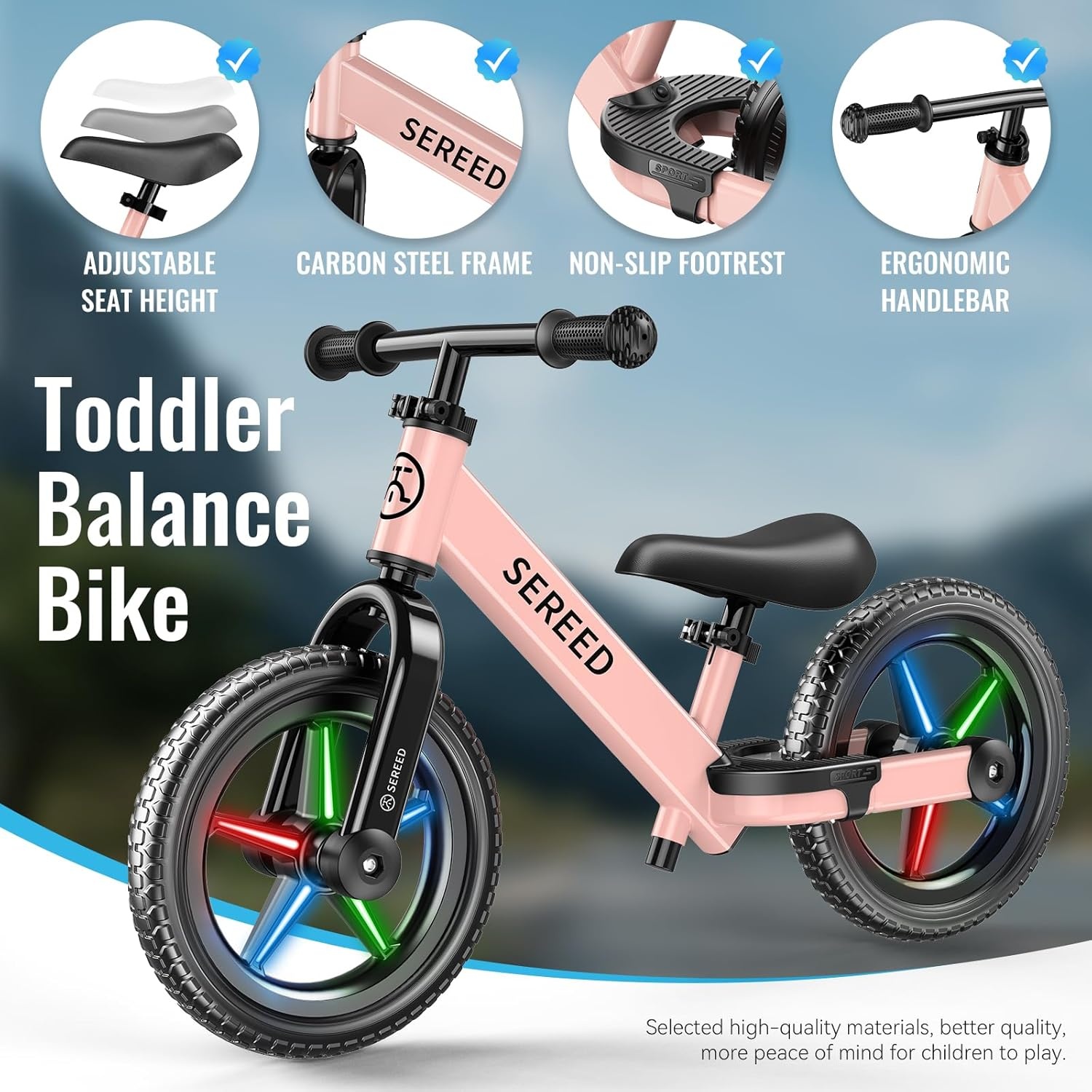 SEREED Toddler Balance Bike 2 Year Old, No Pedal Kids Bicycle Toys for 2-5 Years Old, Tool-Free Adjustment, Customize Plate with Stickers, Gift for 2-3 Boys Girls (White)(Pink Lighting) - view 7