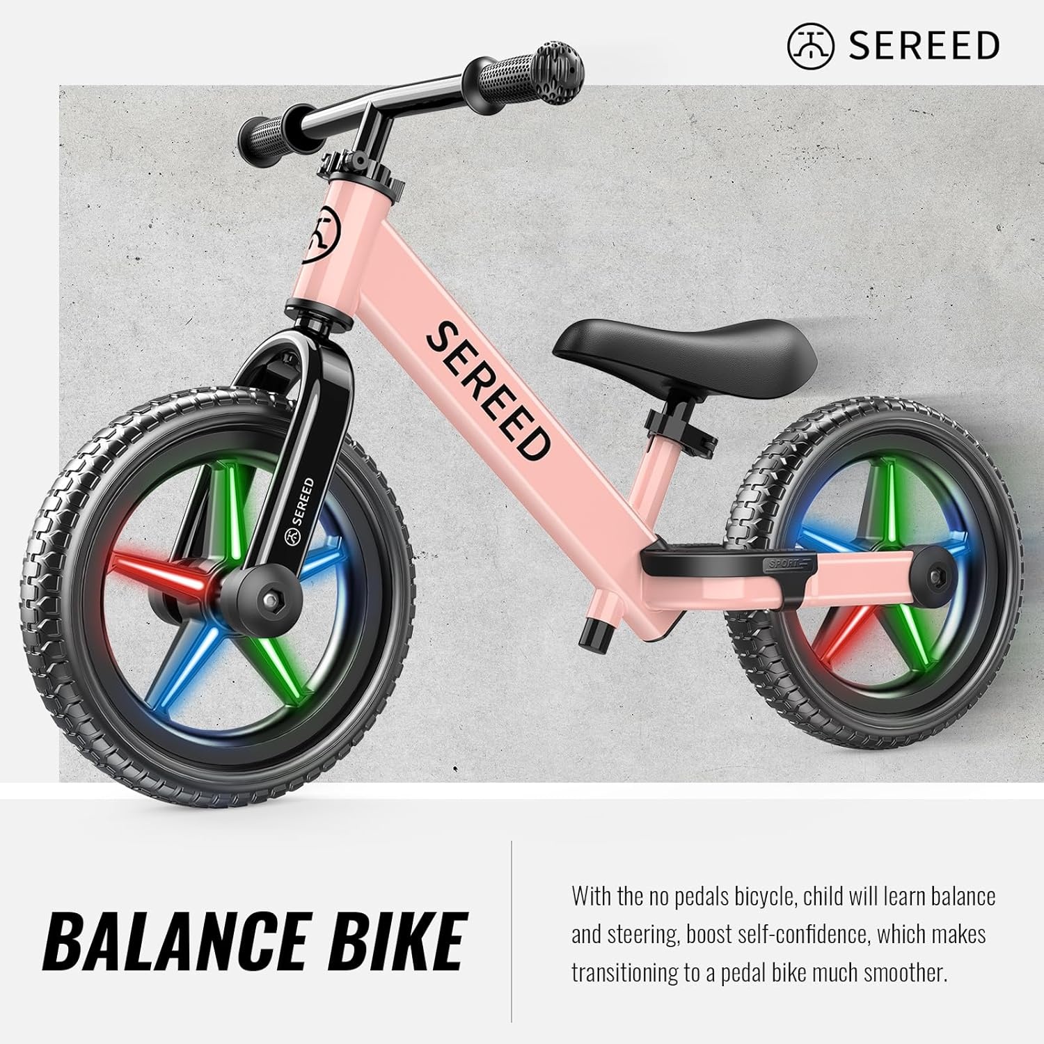 SEREED Toddler Balance Bike 2 Year Old, No Pedal Kids Bicycle Toys for 2-5 Years Old, Tool-Free Adjustment, Customize Plate with Stickers, Gift for 2-3 Boys Girls (White)(Pink Lighting) - view 8