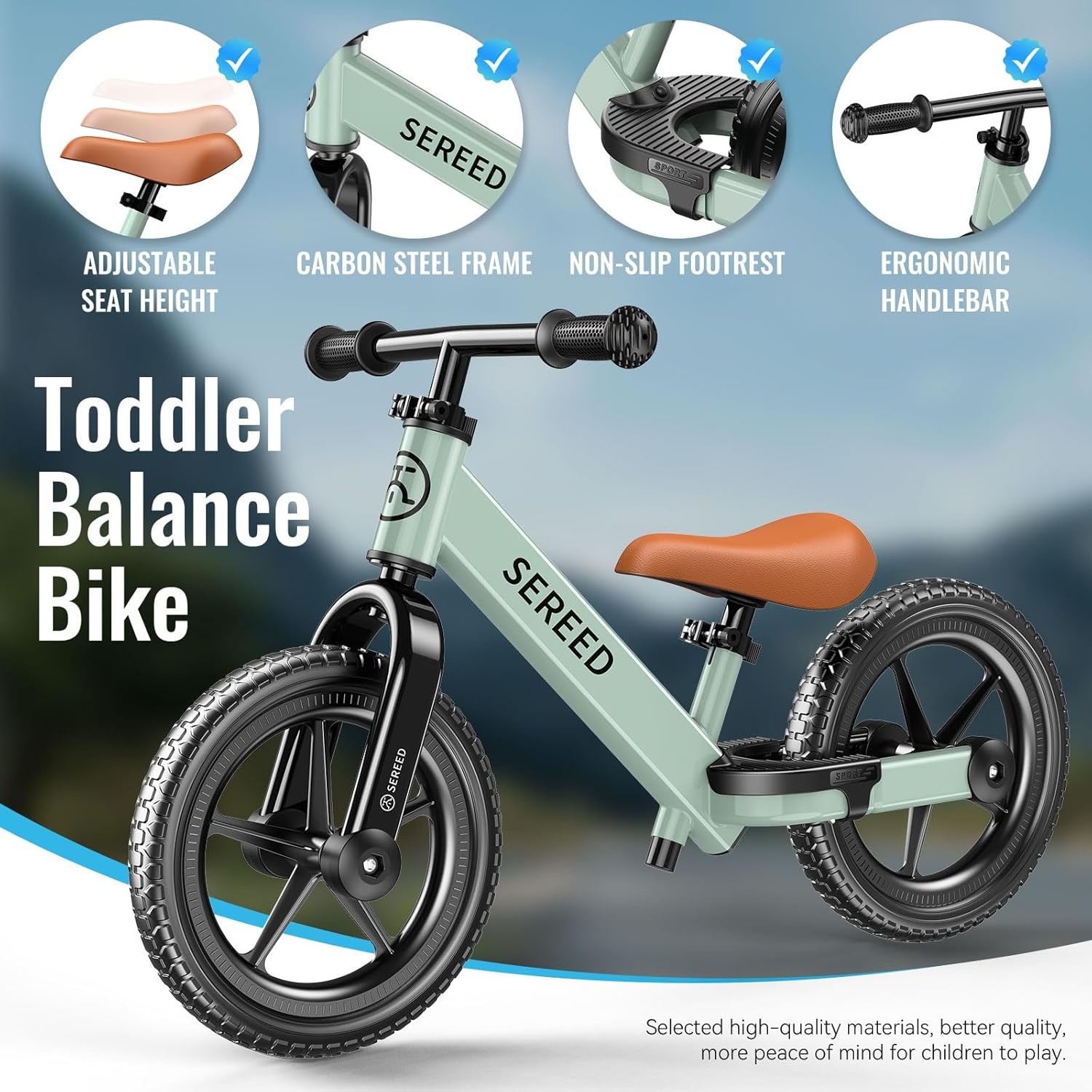 SEREED Toddler Balance Bike 2 Year Old, No Pedal Kids Bicycle Toys for 2-5 Years Old, Tool-Free Adjustment, Customize Plate with Stickers, Gift for 2-3 Boys Girls (White)(Mint Green) - view 7