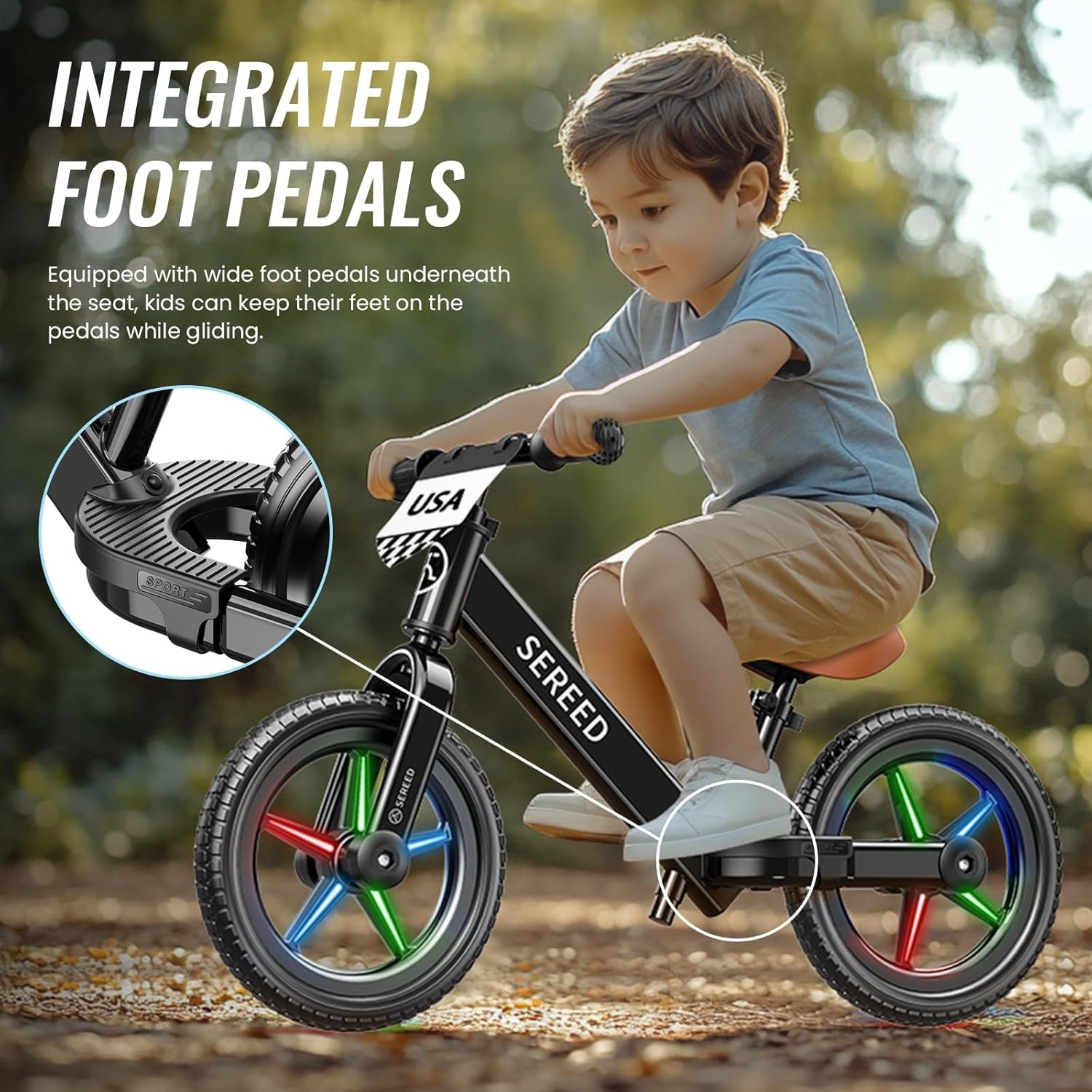 SEREED Toddler Balance Bike 2 Year Old, No Pedal Kids Bicycle Toys for 2-5 Years Old, Tool-Free Adjustment, Customize Plate with Stickers, Gift for 2-3 Boys Girls (White)(Black Lighting)