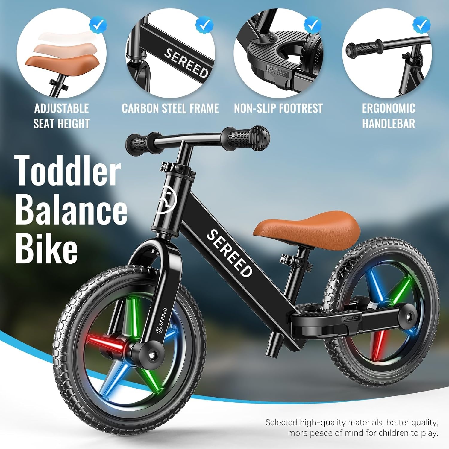 SEREED Toddler Balance Bike 2 Year Old, No Pedal Kids Bicycle Toys for 2-5 Years Old, Tool-Free Adjustment, Customize Plate with Stickers, Gift for 2-3 Boys Girls (White)(Black Lighting) - view 7