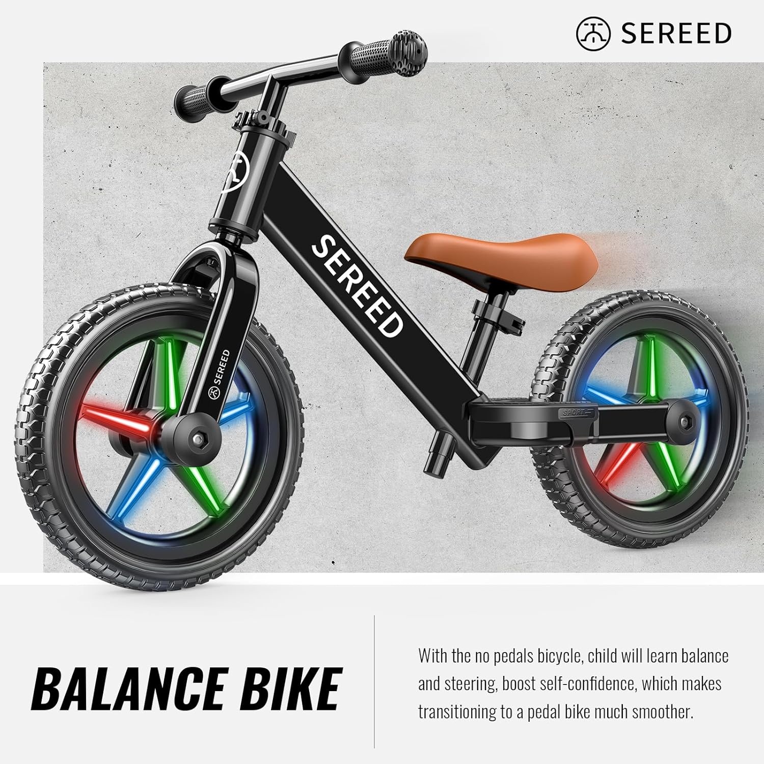 SEREED Toddler Balance Bike 2 Year Old, No Pedal Kids Bicycle Toys for 2-5 Years Old, Tool-Free Adjustment, Customize Plate with Stickers, Gift for 2-3 Boys Girls (White)(Black Lighting) - view 8