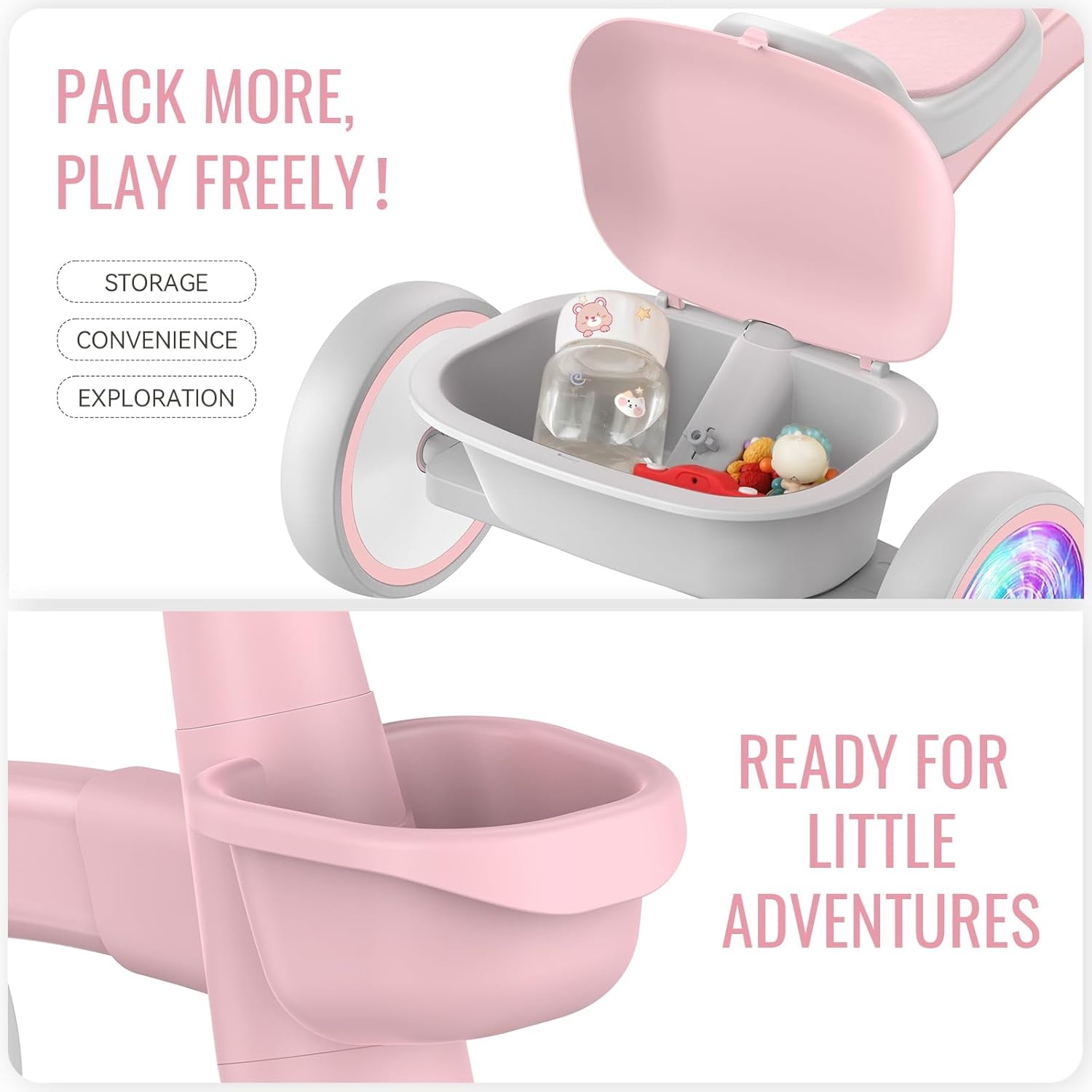 SEREED Colorful Lighting Toddler Tricycle for 2-5 Years Old Boys Girls, Adjustable Seat&Handlebar Trike, Removable Basket, Birthday Gift Idea for Kids Ages 2+ (Red)(Pink) - view 4