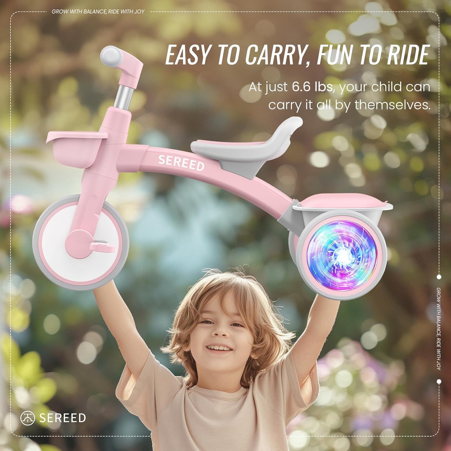SEREED Colorful Lighting Toddler Tricycle for 2-5 Years Old Boys Girls, Adjustable Seat&Handlebar Trike, Removable Basket, Birthday Gift Idea for Kids Ages 2+ (Red)(Pink) - view 6