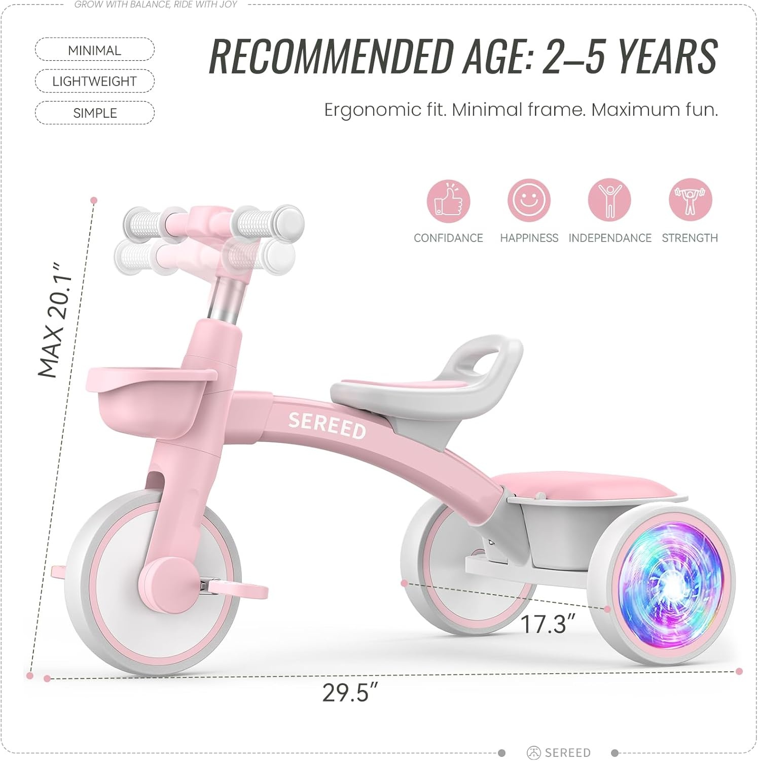 SEREED Colorful Lighting Toddler Tricycle for 2-5 Years Old Boys Girls, Adjustable Seat&Handlebar Trike, Removable Basket, Birthday Gift Idea for Kids Ages 2+ (Red)(Pink) - view 7