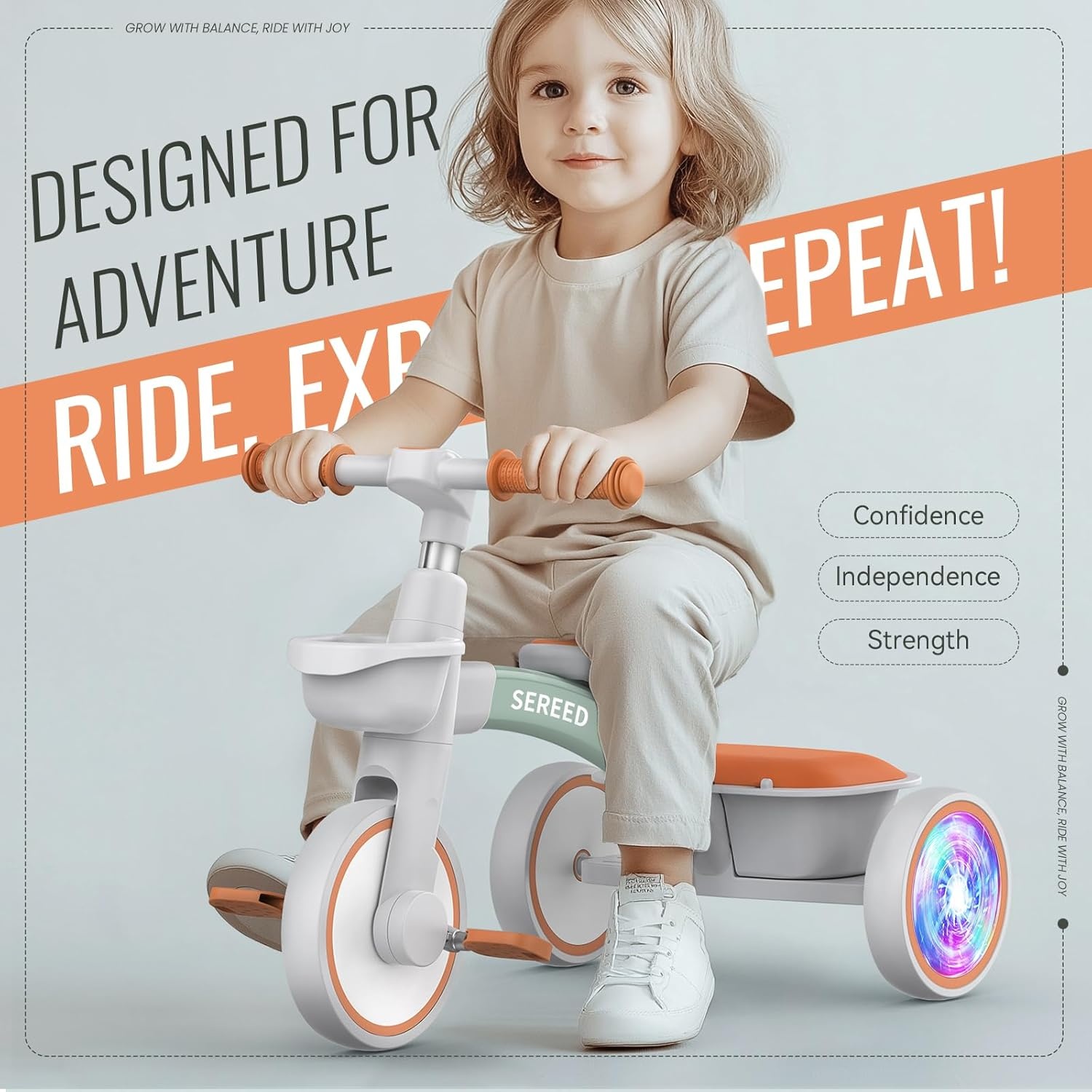 SEREED Colorful Lighting Toddler Tricycle for 2-5 Years Old Boys, Adjustable Seat&Handlebar Trike, Removable Basket, Birthday Gift Idea for Kids Ages 2+ (Black)(Green)