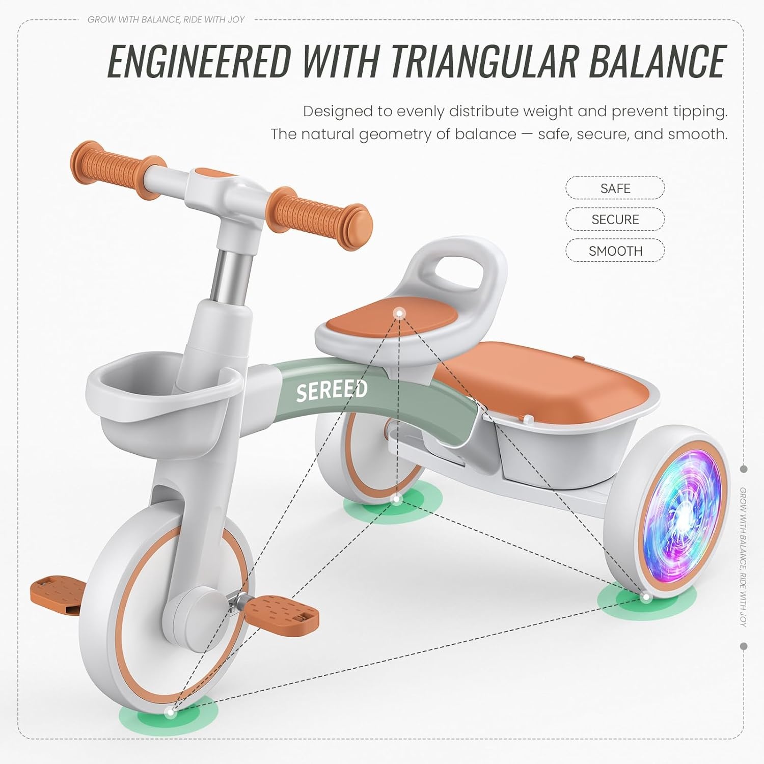 SEREED Colorful Lighting Toddler Tricycle for 2-5 Years Old Boys, Adjustable Seat&Handlebar Trike, Removable Basket, Birthday Gift Idea for Kids Ages 2+ (Black)(Green) - view 3