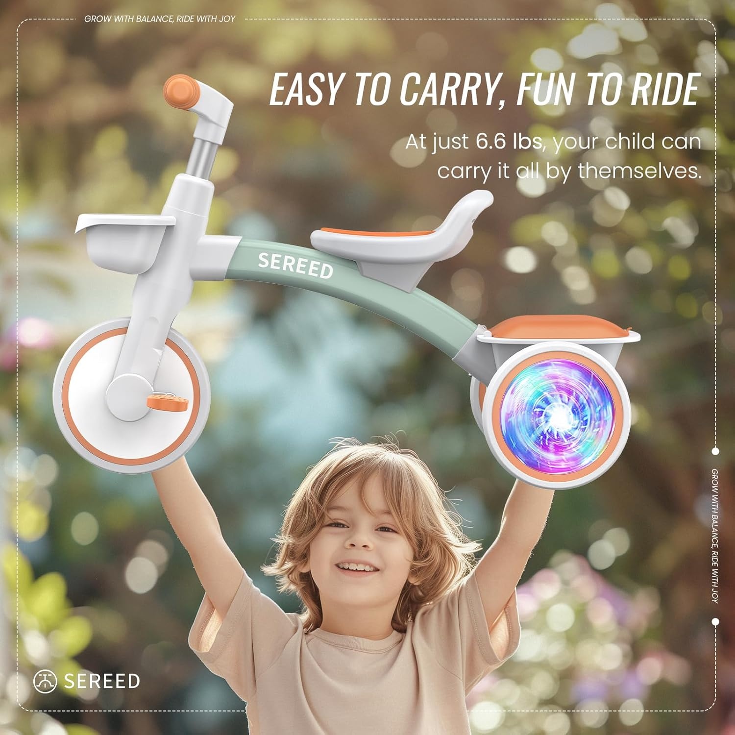 SEREED Colorful Lighting Toddler Tricycle for 2-5 Years Old Boys, Adjustable Seat&Handlebar Trike, Removable Basket, Birthday Gift Idea for Kids Ages 2+ (Black)(Green) - view 6