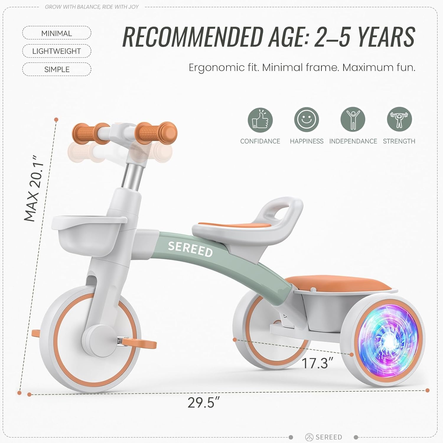 SEREED Colorful Lighting Toddler Tricycle for 2-5 Years Old Boys, Adjustable Seat&Handlebar Trike, Removable Basket, Birthday Gift Idea for Kids Ages 2+ (Black)(Green) - view 7