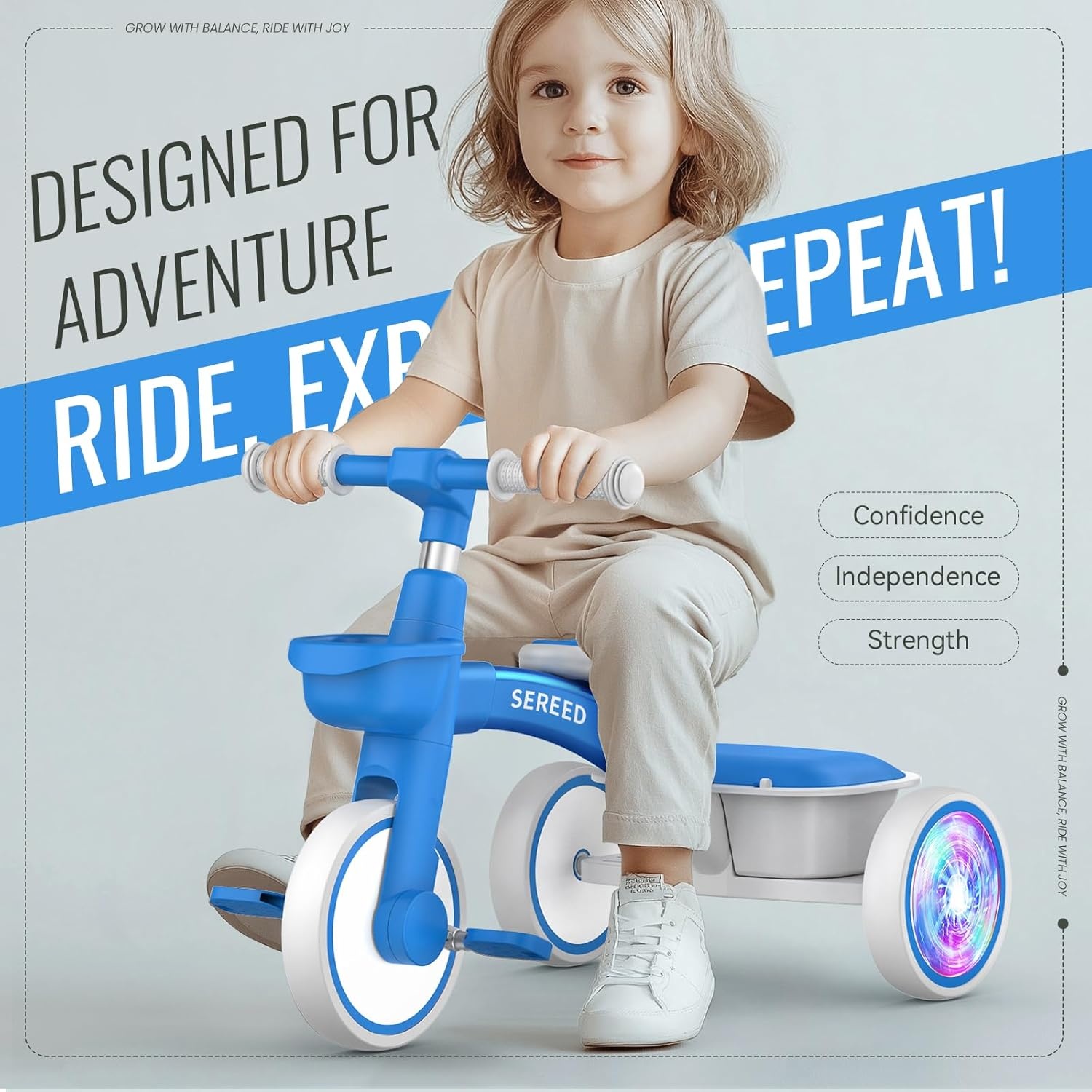 SEREED Colorful Lighting Toddler Tricycle for 2-5 Years Old Boys Girls, Adjustable Seat&Handlebar Trike, Removable Basket, Birthday Gift Idea for Kids Ages 2+ (Red)(Blue)