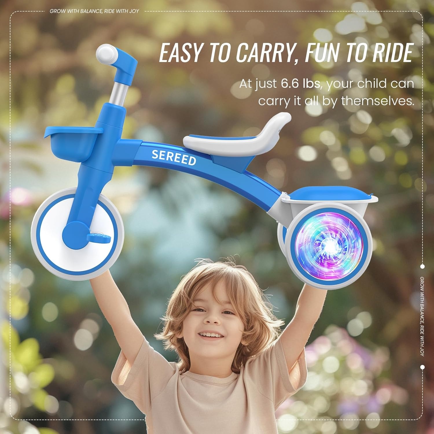 SEREED Colorful Lighting Toddler Tricycle for 2-5 Years Old Boys Girls, Adjustable Seat&Handlebar Trike, Removable Basket, Birthday Gift Idea for Kids Ages 2+ (Red)(Blue) - view 6
