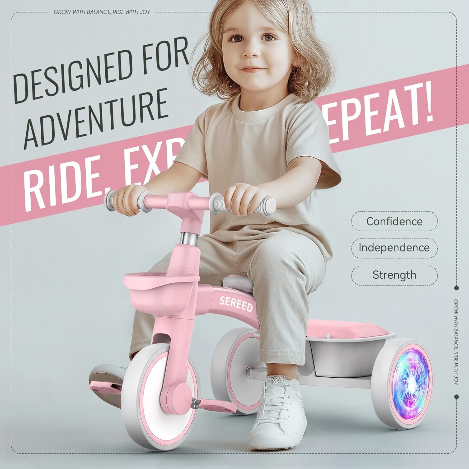 SEREED Colorful Lighting Toddler Tricycle for 2-5 Years Old Boys, Adjustable Seat&Handlebar Trike, Removable Basket, Birthday Gift Idea for Kids Ages 2+ (Black)(Pink)
