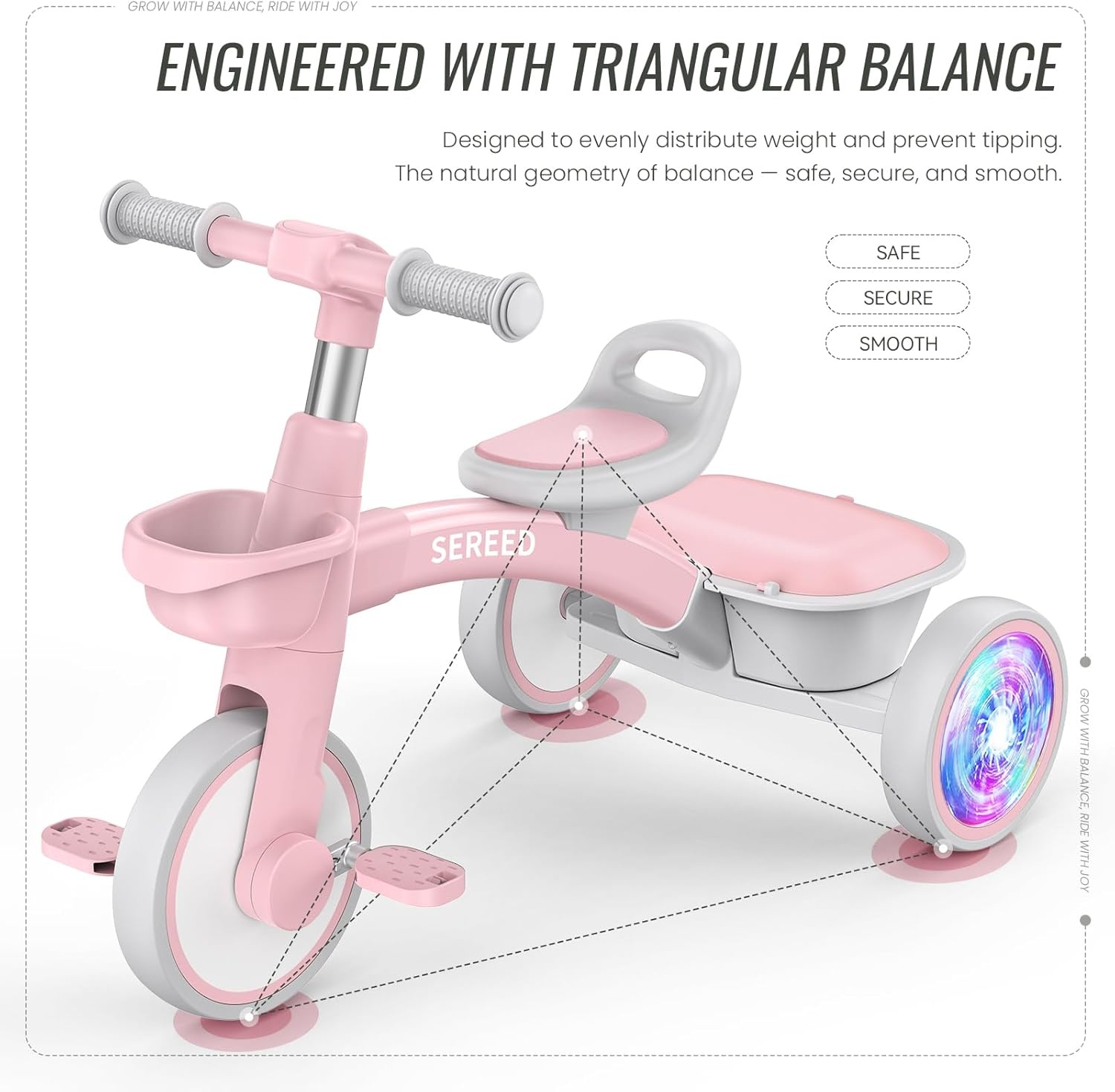 SEREED Colorful Lighting Toddler Tricycle for 2-5 Years Old Boys, Adjustable Seat&Handlebar Trike, Removable Basket, Birthday Gift Idea for Kids Ages 2+ (Black)(Pink) - view 3