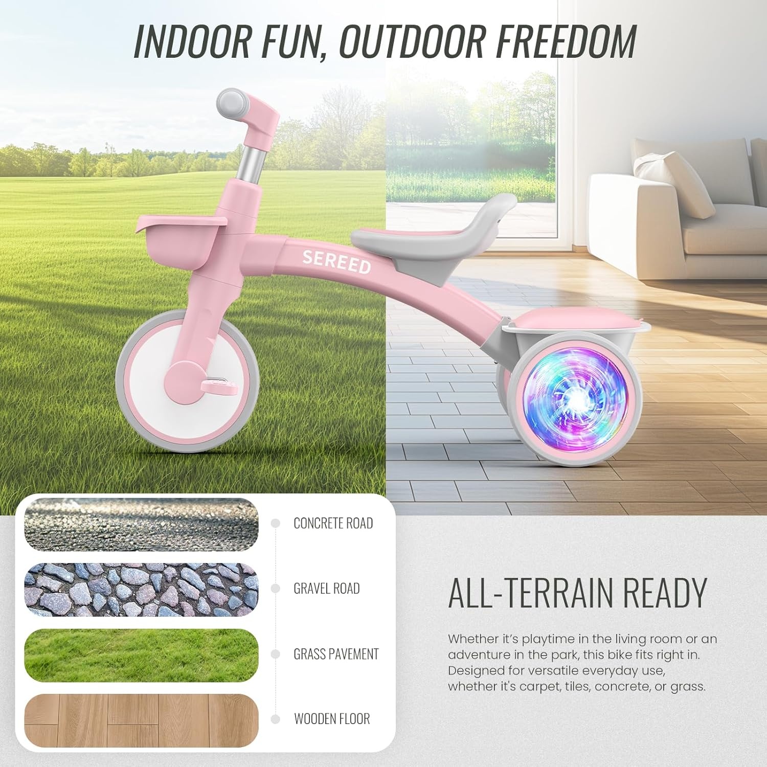 SEREED Colorful Lighting Toddler Tricycle for 2-5 Years Old Boys, Adjustable Seat&Handlebar Trike, Removable Basket, Birthday Gift Idea for Kids Ages 2+ (Black)(Pink) - view 8