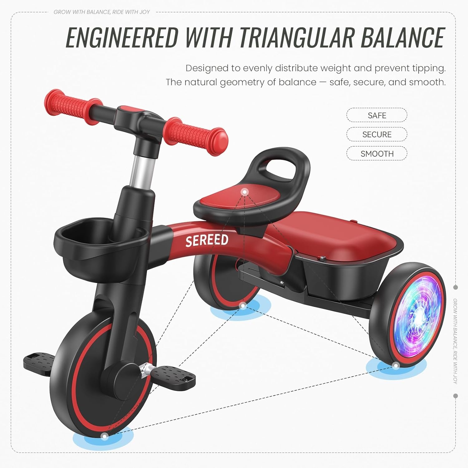 SEREED Colorful Lighting Toddler Tricycle for 2-5 Years Old Boys Girls, Adjustable Seat&Handlebar Trike, Removable Basket, Birthday Gift Idea for Kids Ages 2+ (Red)(Red Black) - view 4