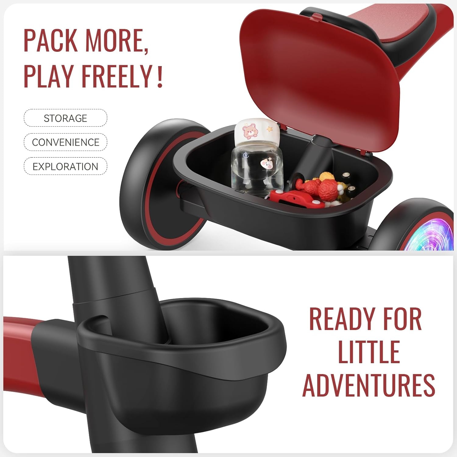 SEREED Colorful Lighting Toddler Tricycle for 2-5 Years Old Boys Girls, Adjustable Seat&Handlebar Trike, Removable Basket, Birthday Gift Idea for Kids Ages 2+ (Red)(Red Black) - view 5