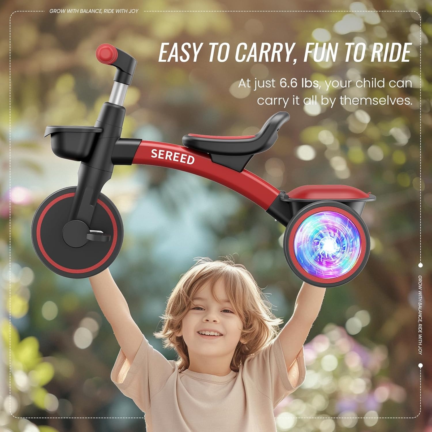 SEREED Colorful Lighting Toddler Tricycle for 2-5 Years Old Boys Girls, Adjustable Seat&Handlebar Trike, Removable Basket, Birthday Gift Idea for Kids Ages 2+ (Red)(Red Black) - view 7