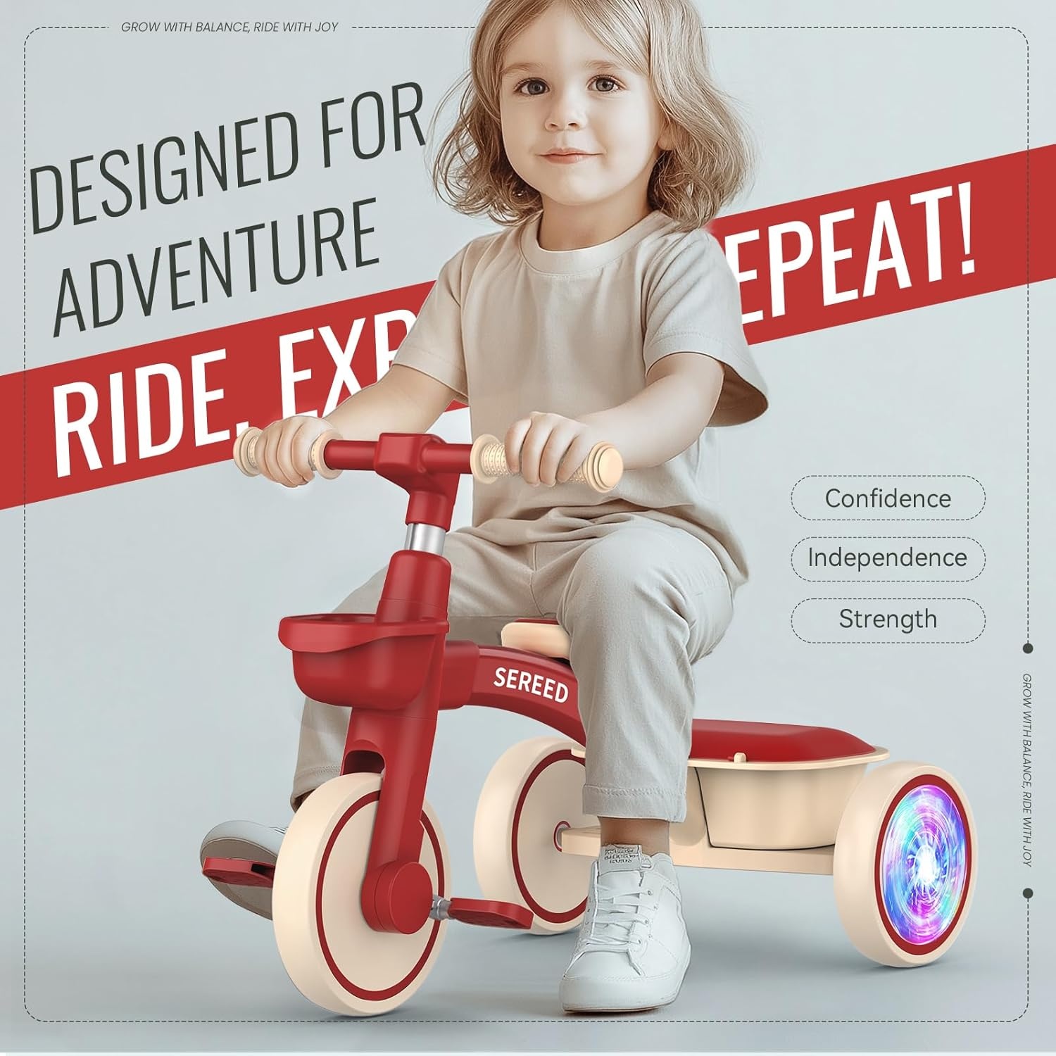 SEREED Colorful Lighting Toddler Tricycle for 2-5 Years Old Boys Girls, Adjustable Seat&Handlebar Trike, Removable Basket, Birthday Gift Idea for Kids Ages 2+ (Red)(Red)