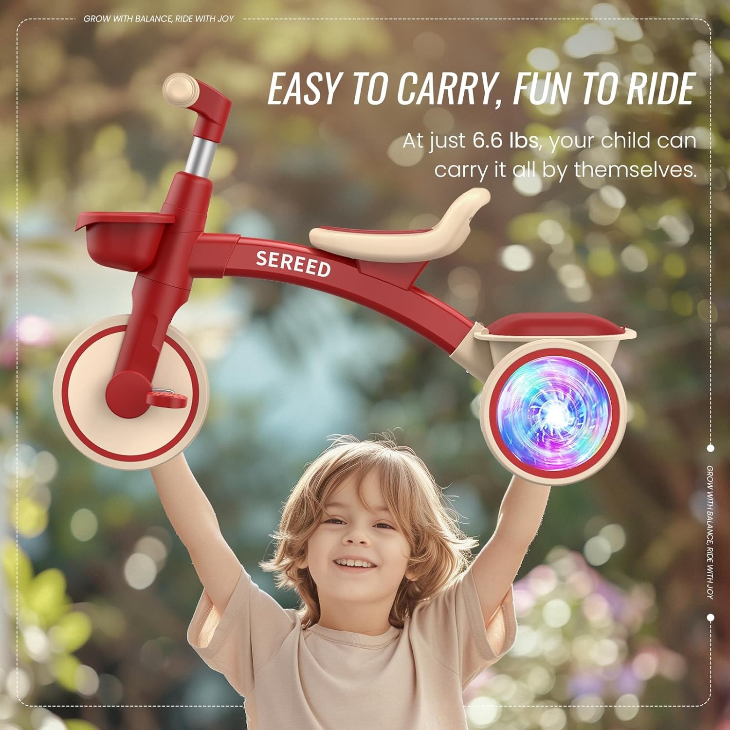 SEREED Colorful Lighting Toddler Tricycle for 2-5 Years Old Boys Girls, Adjustable Seat&Handlebar Trike, Removable Basket, Birthday Gift Idea for Kids Ages 2+ (Red)(Red) - view 4