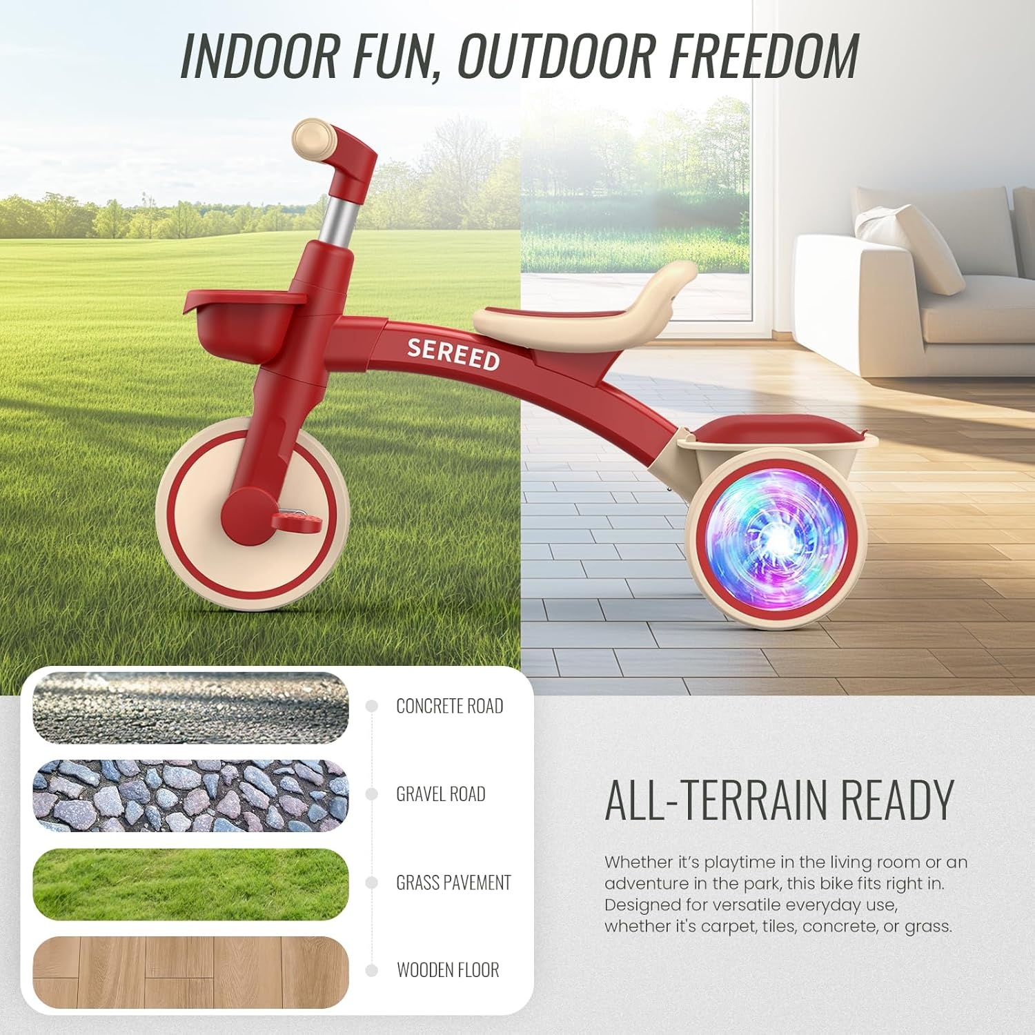 SEREED Colorful Lighting Toddler Tricycle for 2-5 Years Old Boys Girls, Adjustable Seat&Handlebar Trike, Removable Basket, Birthday Gift Idea for Kids Ages 2+ (Red)(Red) - view 7