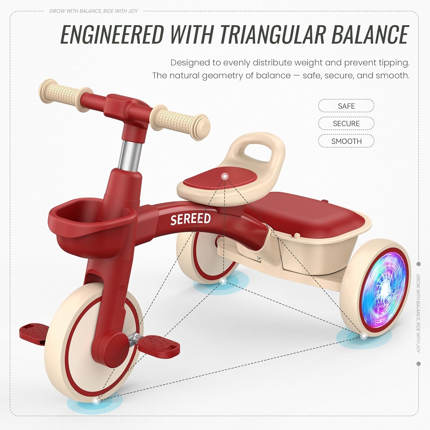 SEREED Colorful Lighting Toddler Tricycle for 2-5 Years Old Boys Girls, Adjustable Seat&Handlebar Trike, Removable Basket, Birthday Gift Idea for Kids Ages 2+ (Red)(Red) - view 8