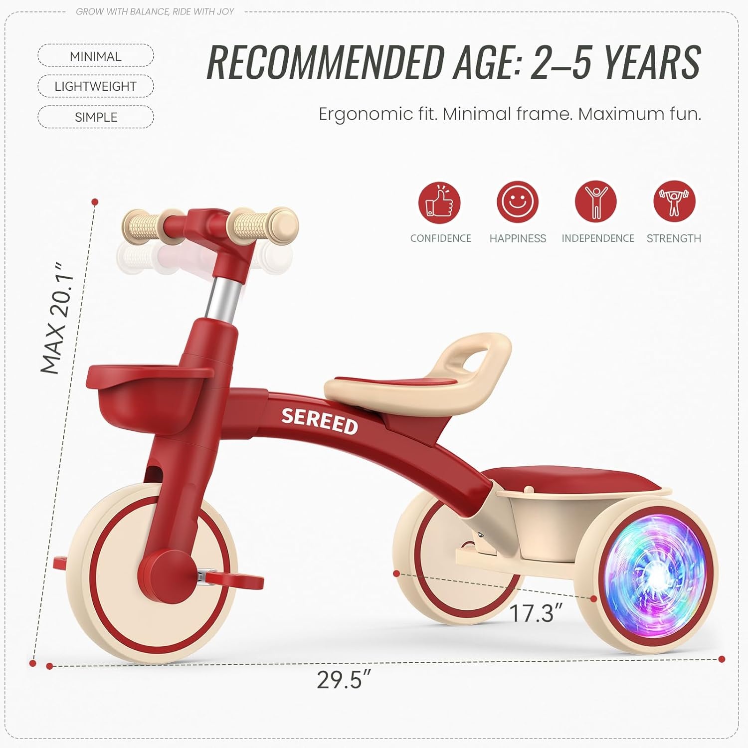 SEREED Colorful Lighting Toddler Tricycle for 2-5 Years Old Boys, Adjustable Seat&Handlebar Trike, Removable Basket, Birthday Gift Idea for Kids Ages 2+ (Black)(Red) - view 5