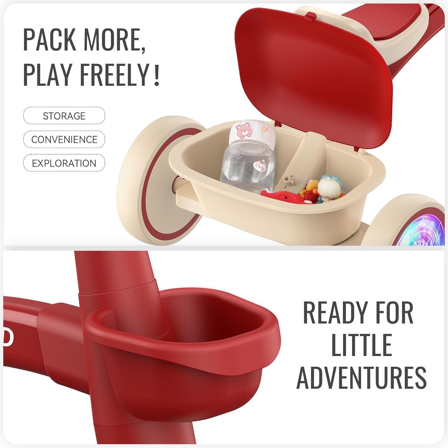 SEREED Colorful Lighting Toddler Tricycle for 2-5 Years Old Boys, Adjustable Seat&Handlebar Trike, Removable Basket, Birthday Gift Idea for Kids Ages 2+ (Black)(Red) - view 6