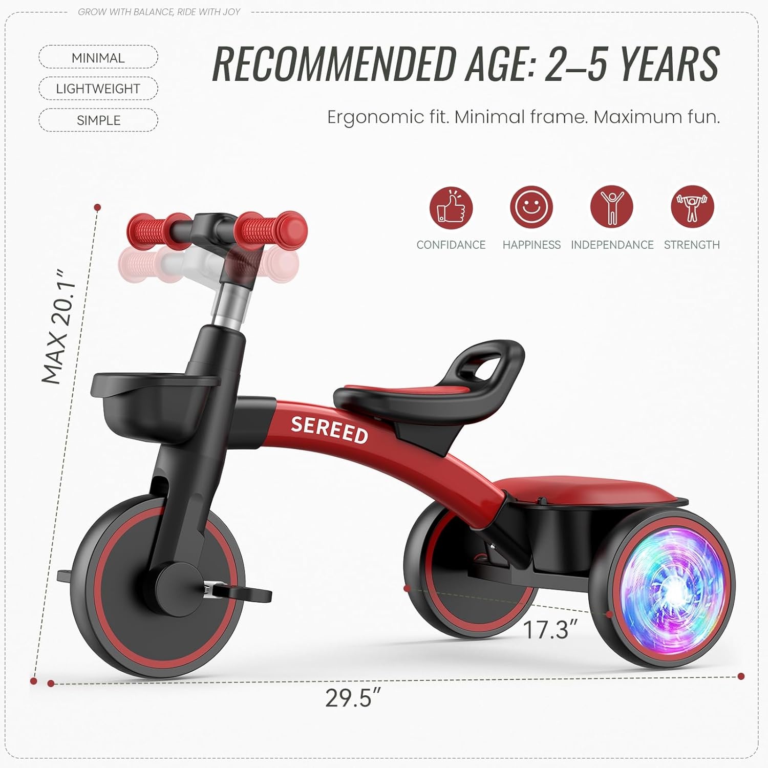 SEREED Colorful Lighting Toddler Tricycle for 2-5 Years Old Boys, Adjustable Seat&Handlebar Trike, Removable Basket, Birthday Gift Idea for Kids Ages 2+ (Black)(Red Black)