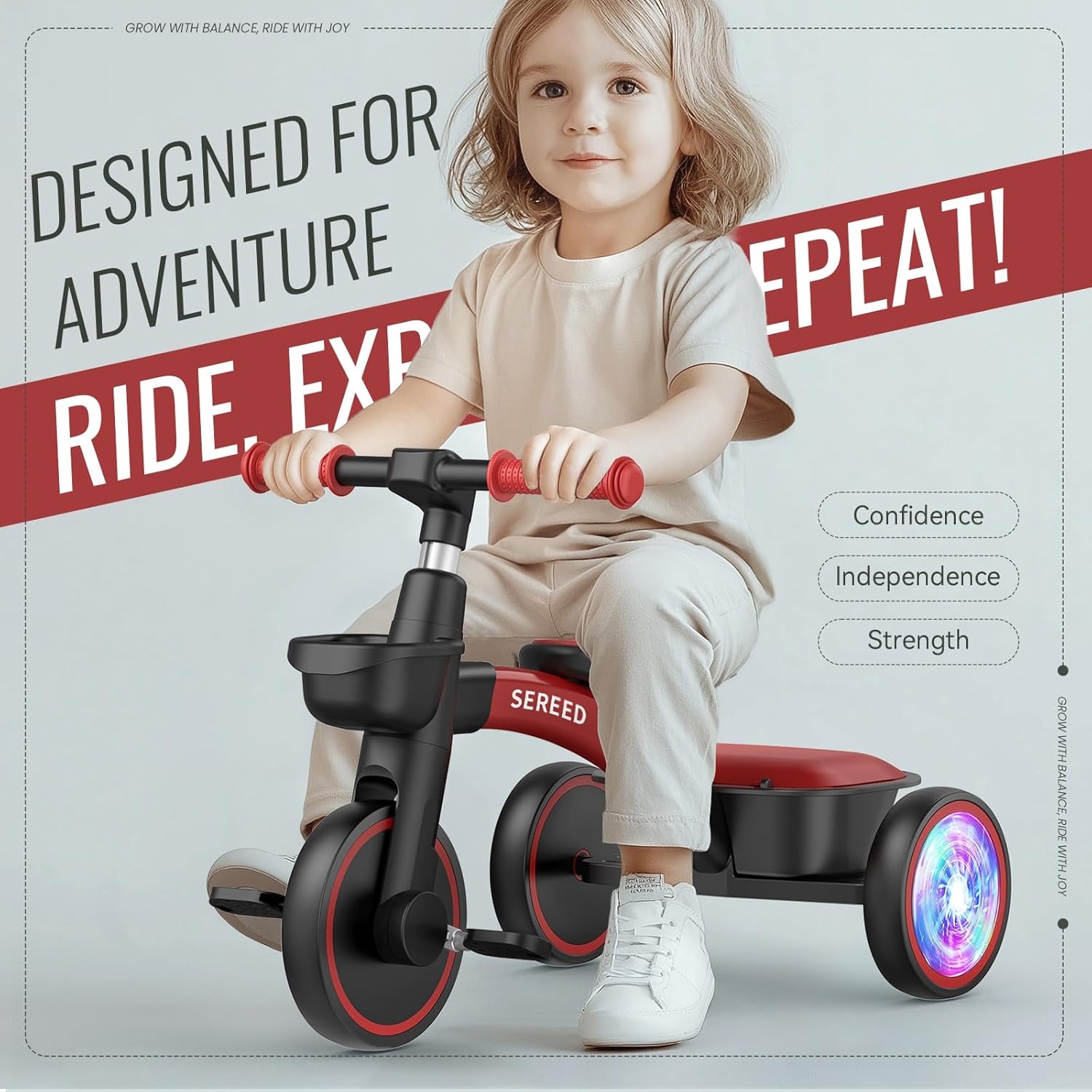 SEREED Colorful Lighting Toddler Tricycle for 2-5 Years Old Boys, Adjustable Seat&Handlebar Trike, Removable Basket, Birthday Gift Idea for Kids Ages 2+ (Black)(Red Black) - view 2