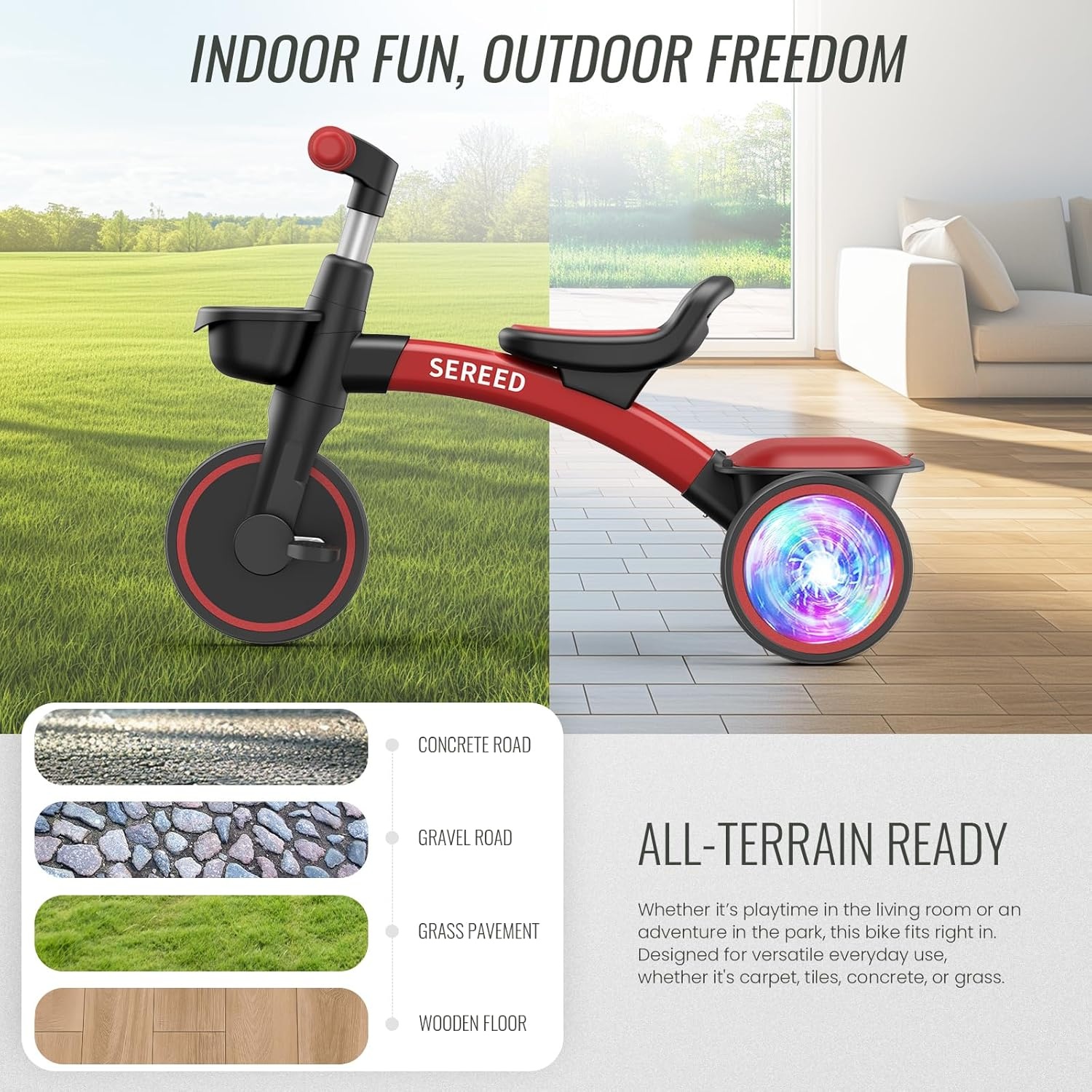 SEREED Colorful Lighting Toddler Tricycle for 2-5 Years Old Boys, Adjustable Seat&Handlebar Trike, Removable Basket, Birthday Gift Idea for Kids Ages 2+ (Black)(Red Black) - view 8