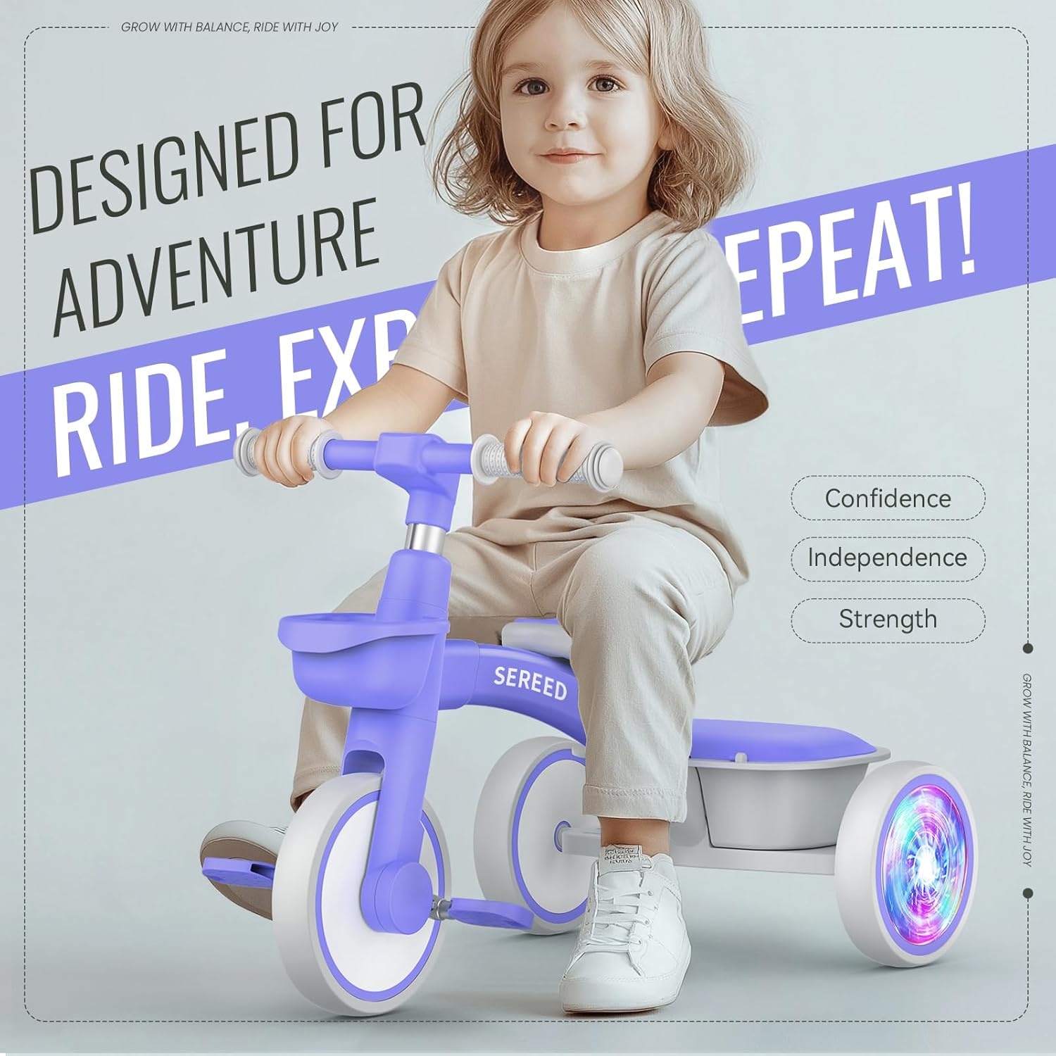 SEREED Colorful Lighting Toddler Tricycle for 2-5 Years Old Boys, Adjustable Seat&Handlebar Trike, Removable Basket, Birthday Gift Idea for Kids Ages 2+ (Black)(Purple)
