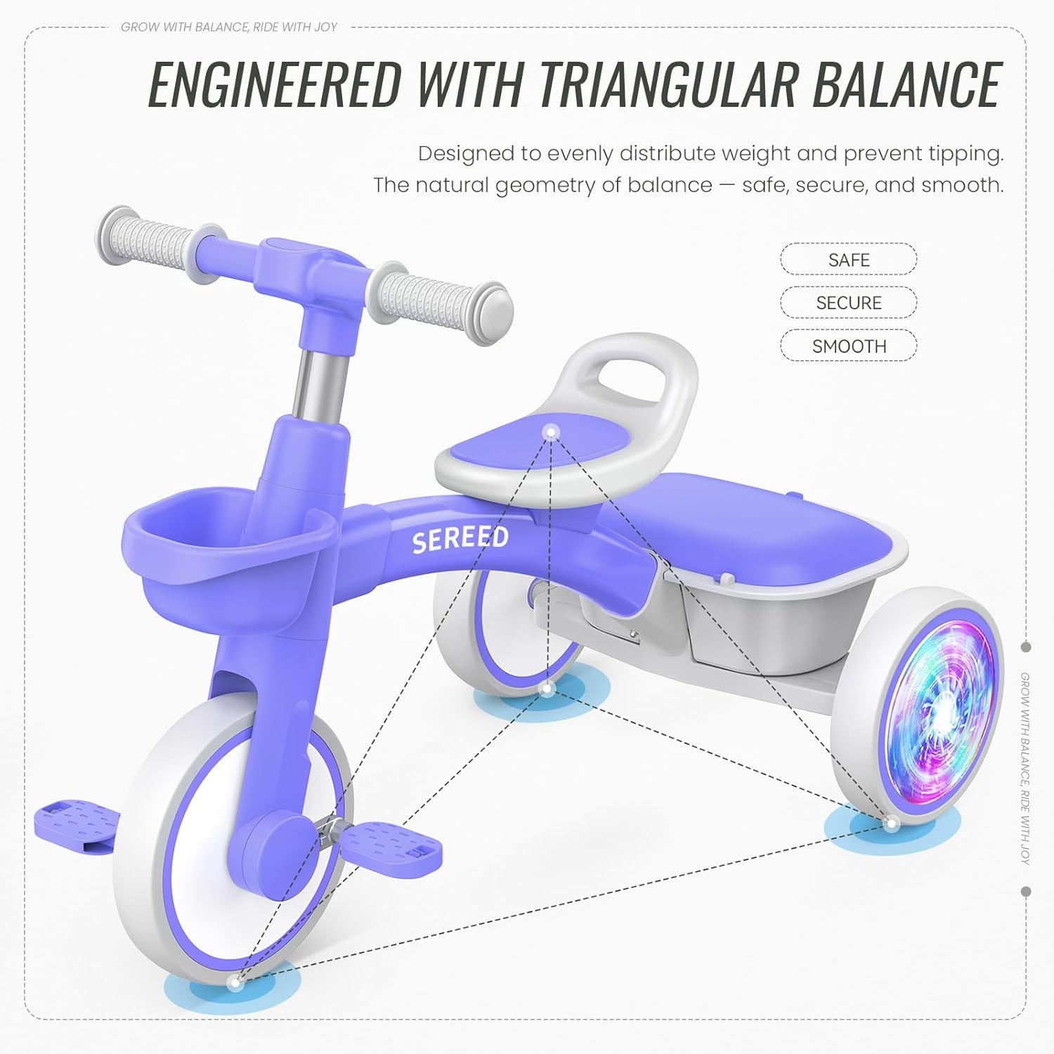 SEREED Colorful Lighting Toddler Tricycle for 2-5 Years Old Boys, Adjustable Seat&Handlebar Trike, Removable Basket, Birthday Gift Idea for Kids Ages 2+ (Black)(Purple) - view 3