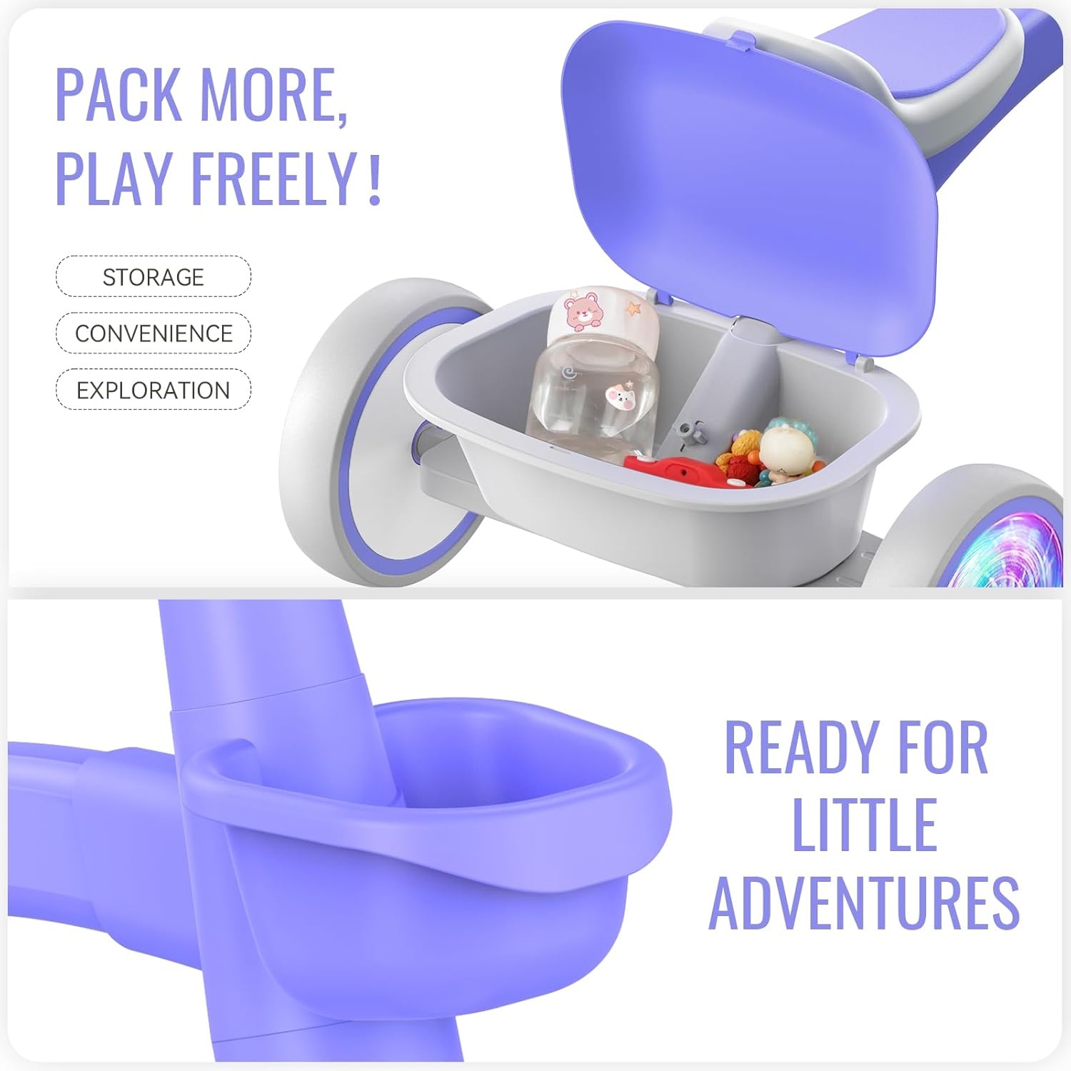 SEREED Colorful Lighting Toddler Tricycle for 2-5 Years Old Boys, Adjustable Seat&Handlebar Trike, Removable Basket, Birthday Gift Idea for Kids Ages 2+ (Black)(Purple) - view 4