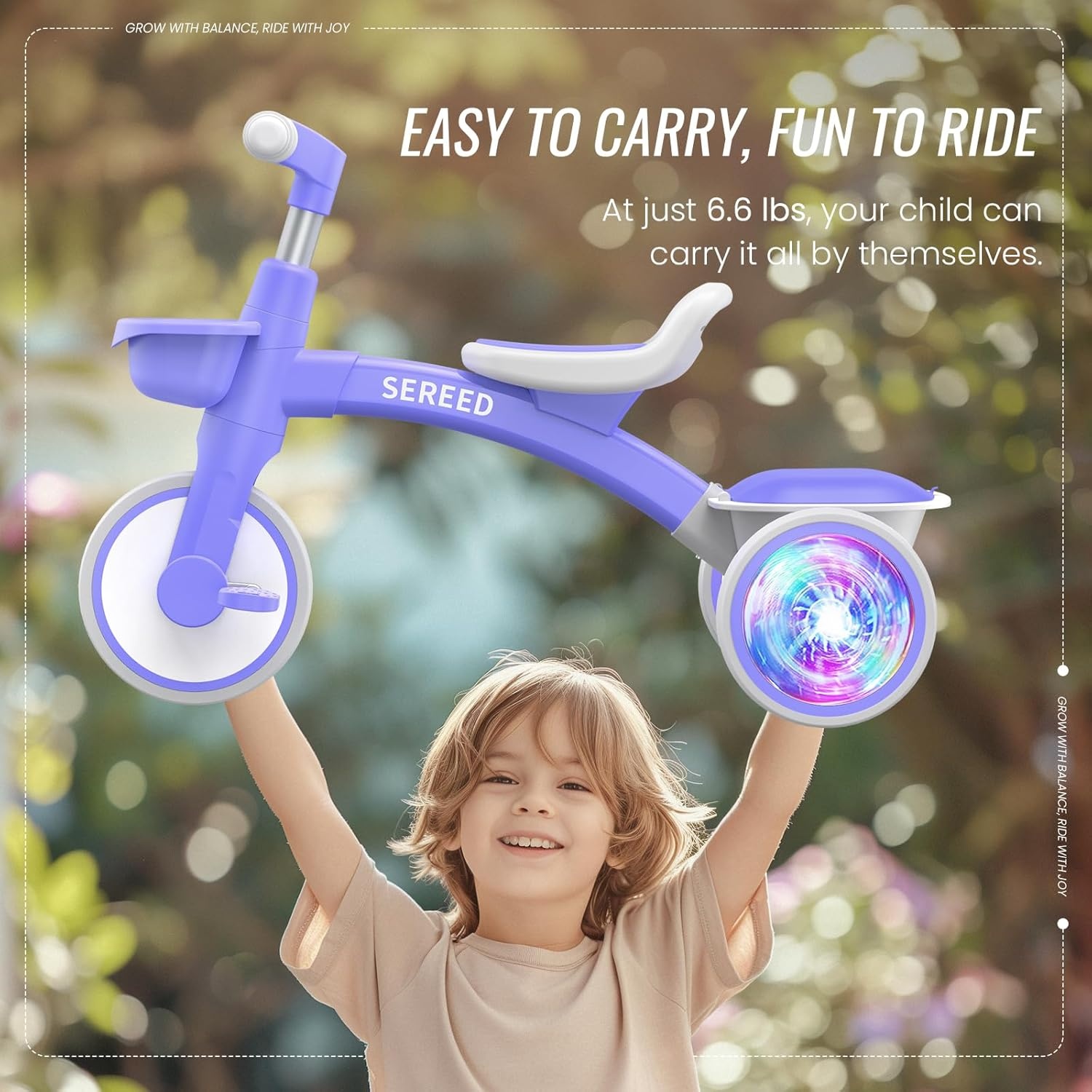 SEREED Colorful Lighting Toddler Tricycle for 2-5 Years Old Boys, Adjustable Seat&Handlebar Trike, Removable Basket, Birthday Gift Idea for Kids Ages 2+ (Black)(Purple) - view 6
