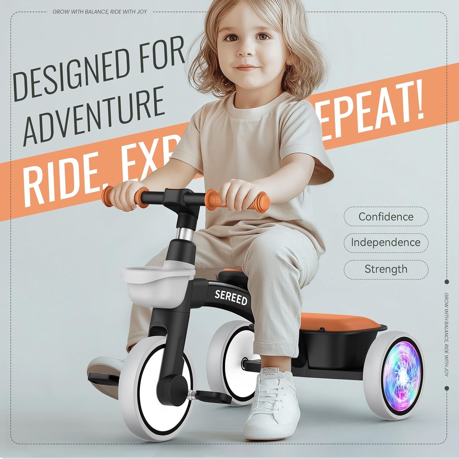 SEREED Colorful Lighting Toddler Tricycle for 2-5 Years Old Boys Girls, Adjustable Seat&Handlebar Trike, Removable Basket, Birthday Gift Idea for Kids Ages 2+ (Red)(Black)