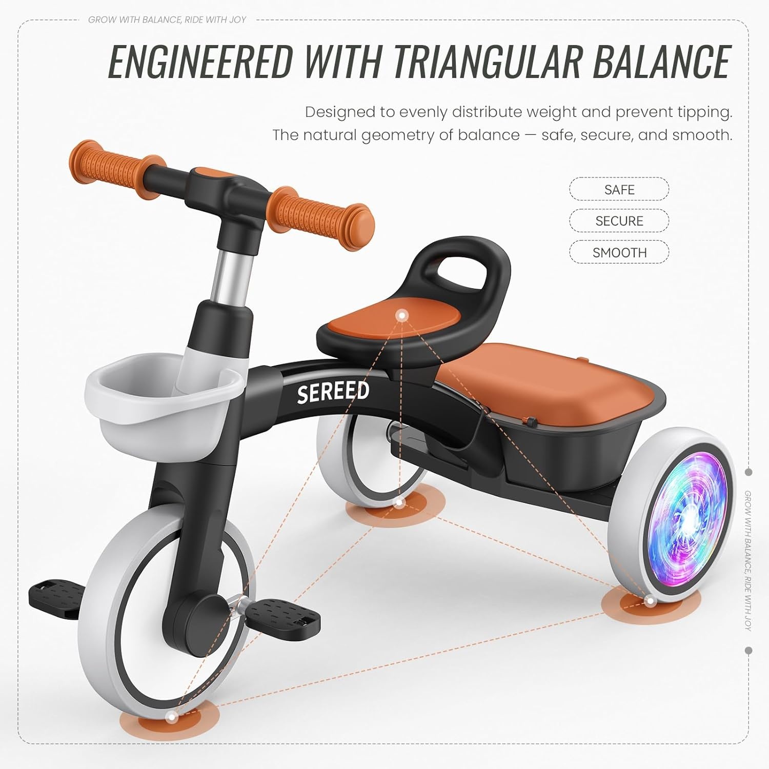 SEREED Colorful Lighting Toddler Tricycle for 2-5 Years Old Boys Girls, Adjustable Seat&Handlebar Trike, Removable Basket, Birthday Gift Idea for Kids Ages 2+ (Red)(Black) - view 3