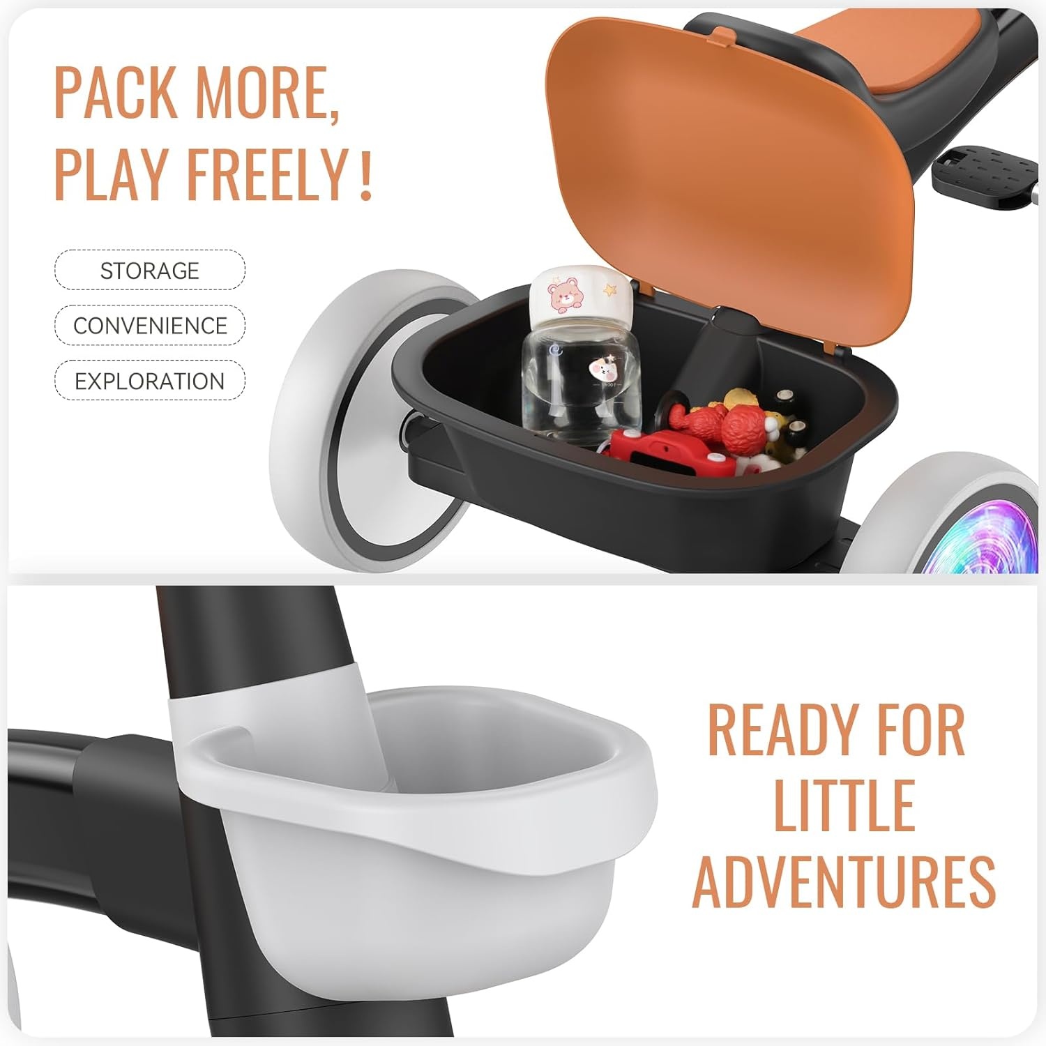 SEREED Colorful Lighting Toddler Tricycle for 2-5 Years Old Boys Girls, Adjustable Seat&Handlebar Trike, Removable Basket, Birthday Gift Idea for Kids Ages 2+ (Red)(Black) - view 4