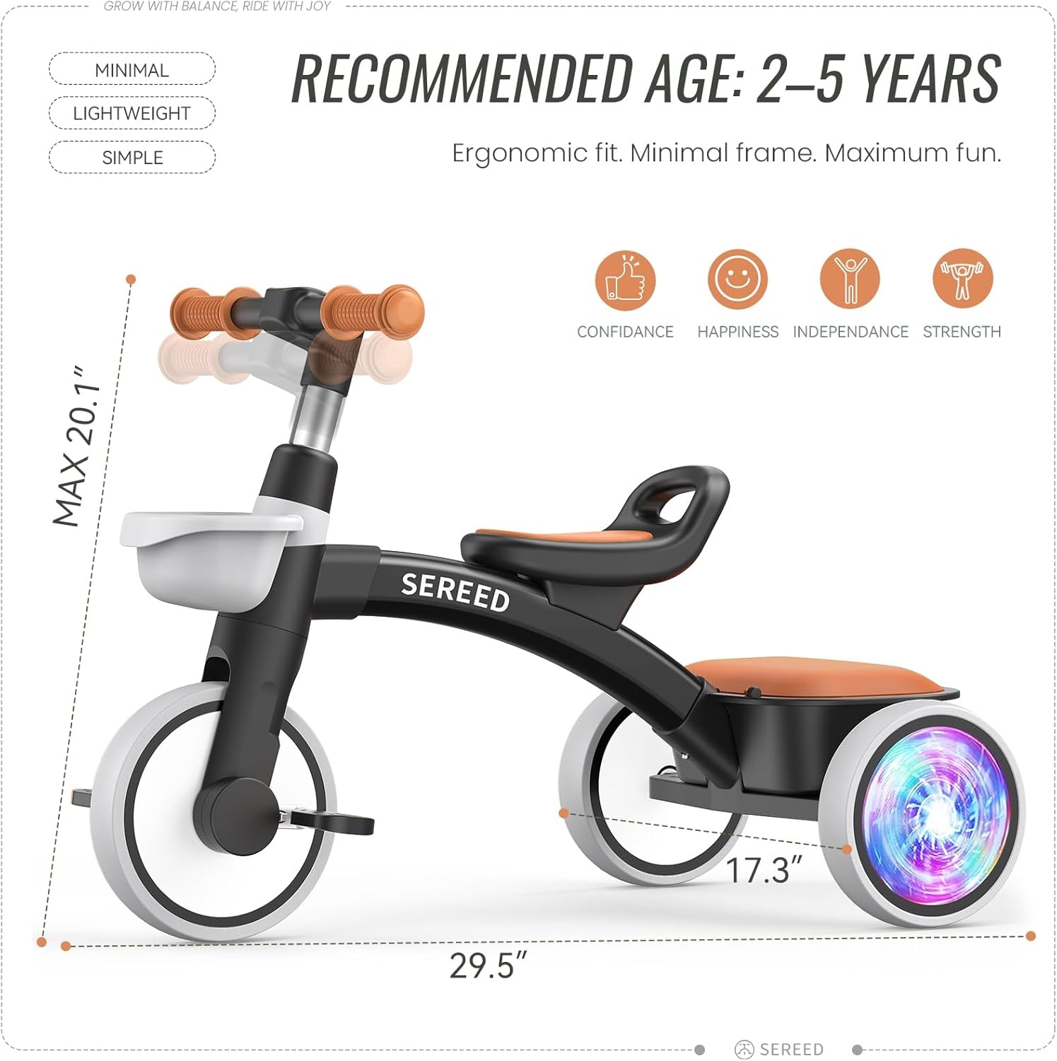 SEREED Colorful Lighting Toddler Tricycle for 2-5 Years Old Boys Girls, Adjustable Seat&Handlebar Trike, Removable Basket, Birthday Gift Idea for Kids Ages 2+ (Red)(Black) - view 7