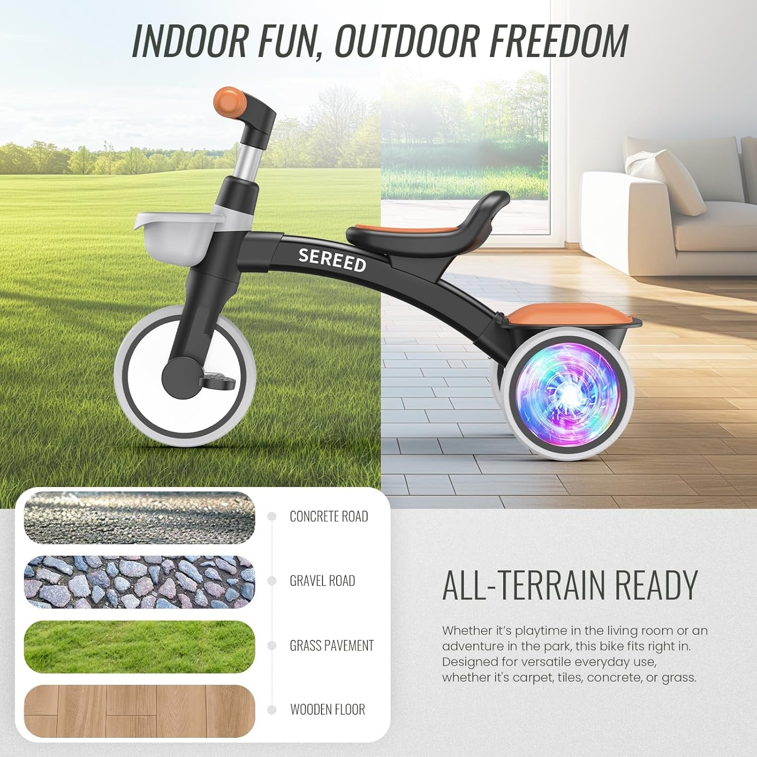 SEREED Colorful Lighting Toddler Tricycle for 2-5 Years Old Boys Girls, Adjustable Seat&Handlebar Trike, Removable Basket, Birthday Gift Idea for Kids Ages 2+ (Red)(Black) - view 8