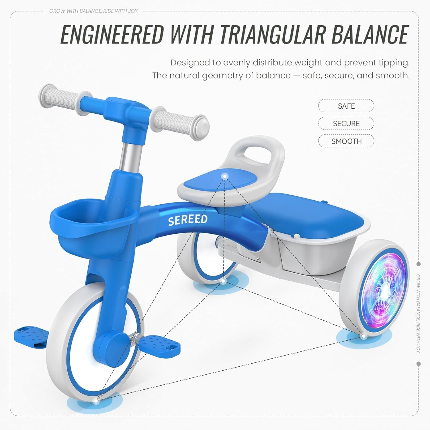 SEREED Colorful Lighting Toddler Tricycle for 2-5 Years Old Boys, Adjustable Seat&Handlebar Trike, Removable Basket, Birthday Gift Idea for Kids Ages 2+ (Black)(Blue) - view 3