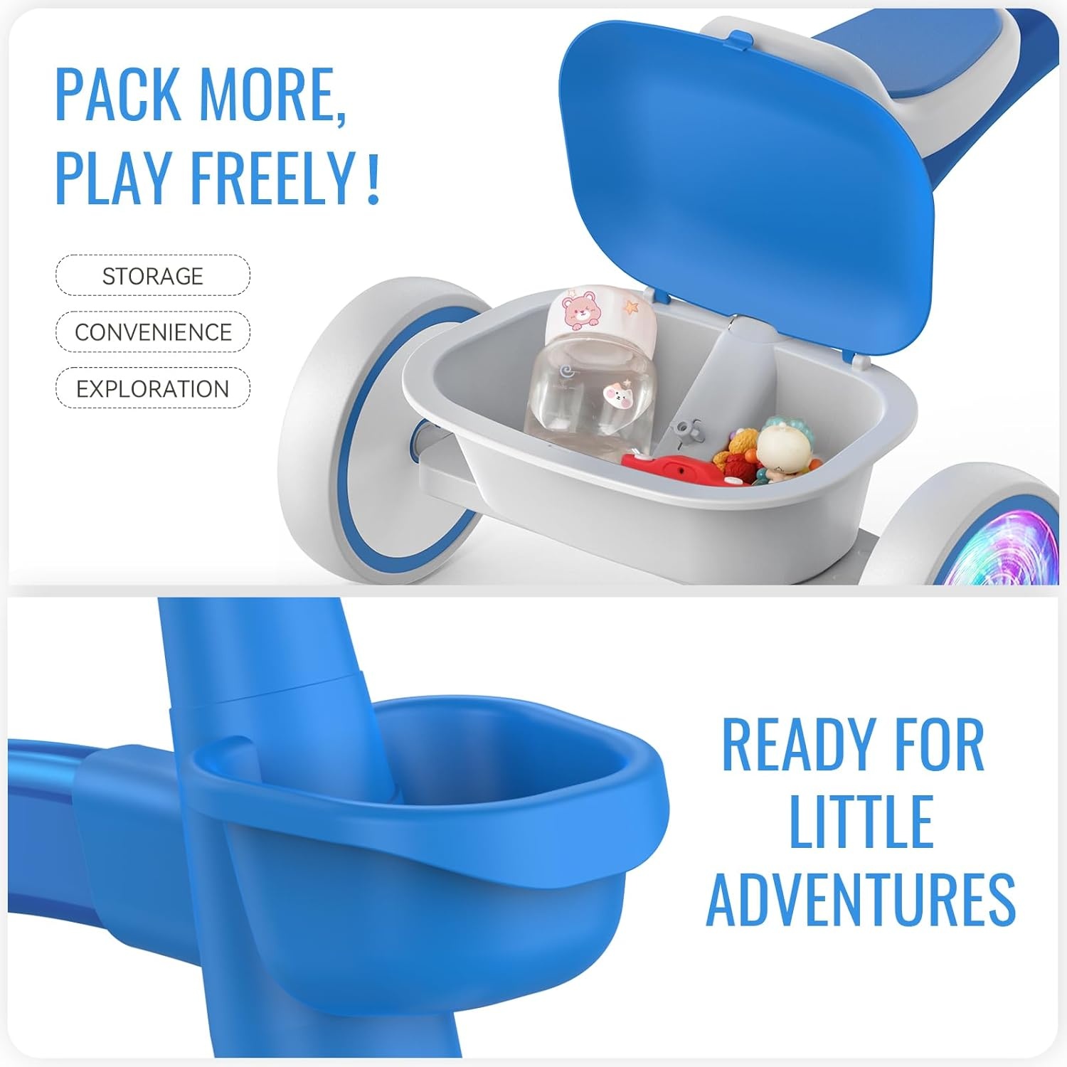 SEREED Colorful Lighting Toddler Tricycle for 2-5 Years Old Boys, Adjustable Seat&Handlebar Trike, Removable Basket, Birthday Gift Idea for Kids Ages 2+ (Black)(Blue) - view 4