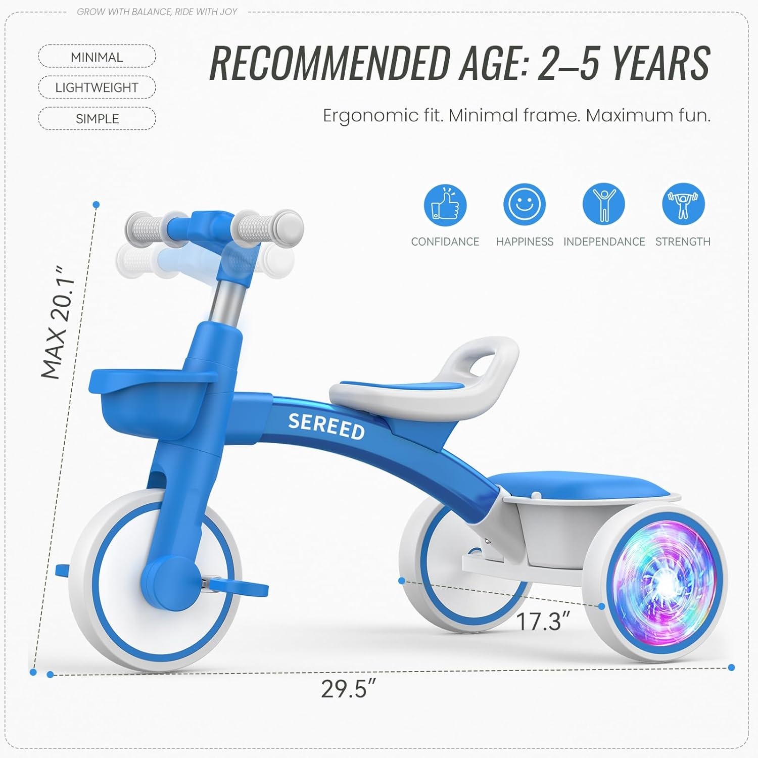 SEREED Colorful Lighting Toddler Tricycle for 2-5 Years Old Boys, Adjustable Seat&Handlebar Trike, Removable Basket, Birthday Gift Idea for Kids Ages 2+ (Black)(Blue) - view 7