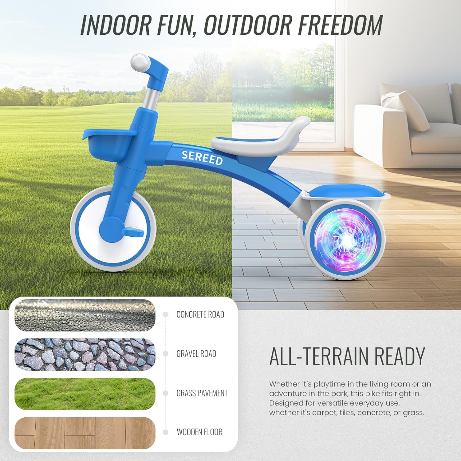 SEREED Colorful Lighting Toddler Tricycle for 2-5 Years Old Boys, Adjustable Seat&Handlebar Trike, Removable Basket, Birthday Gift Idea for Kids Ages 2+ (Black)(Blue) - view 8